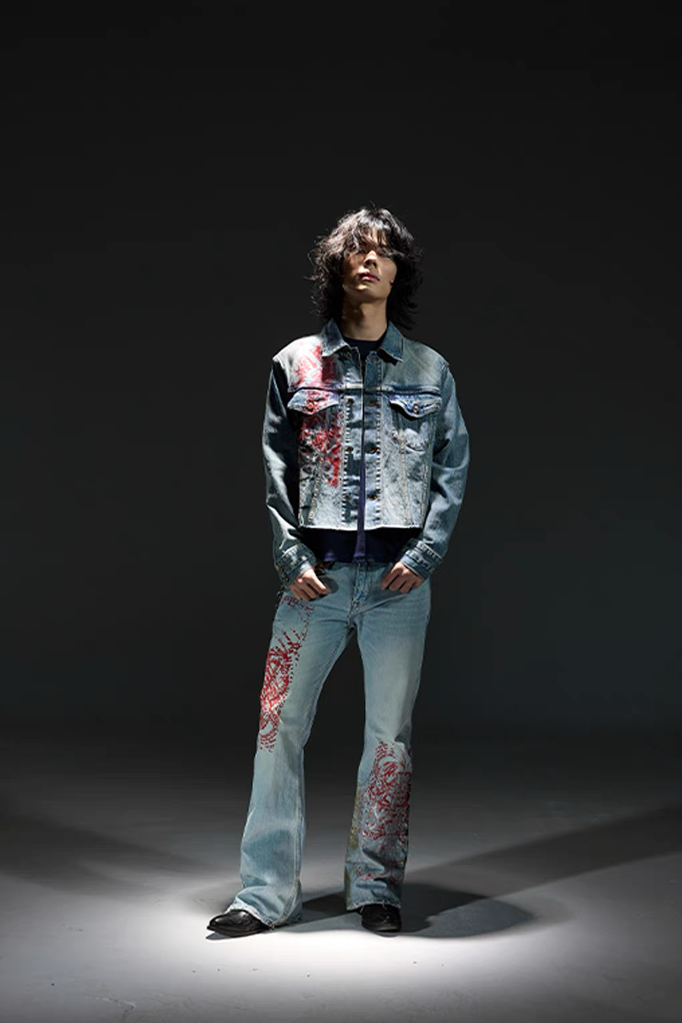 NOTHINGNESS WORLD Washed Multi-Print Denim Jacket, premium urban and streetwear designers apparel on PROJECTISR.com, NOTHINGNESS WORLD