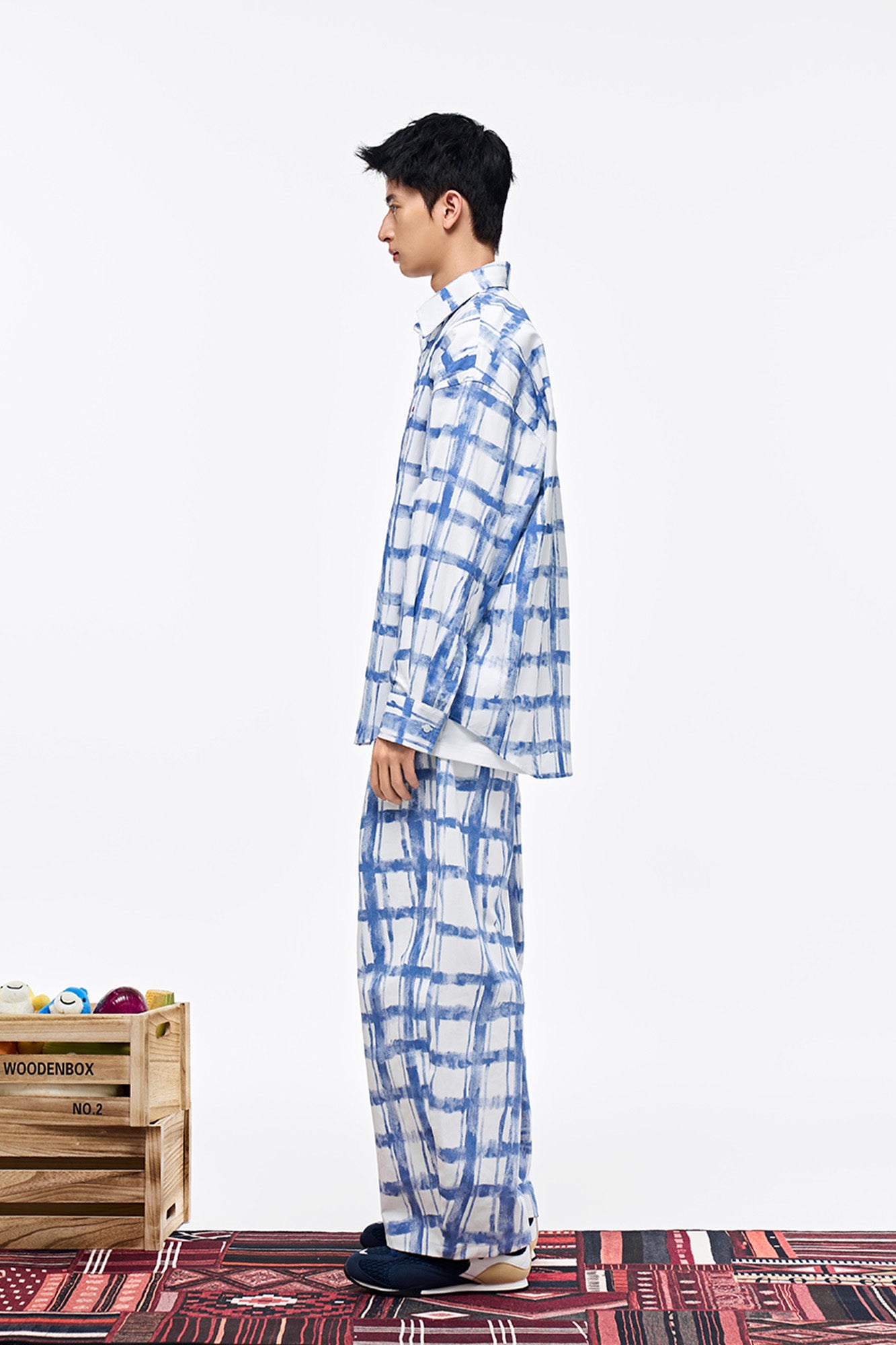 OVERLAPS Brush-Paint Grid Wide-Leg Pants, premium urban and streetwear designers apparel on PROJECTISR.com, OVERLAPS