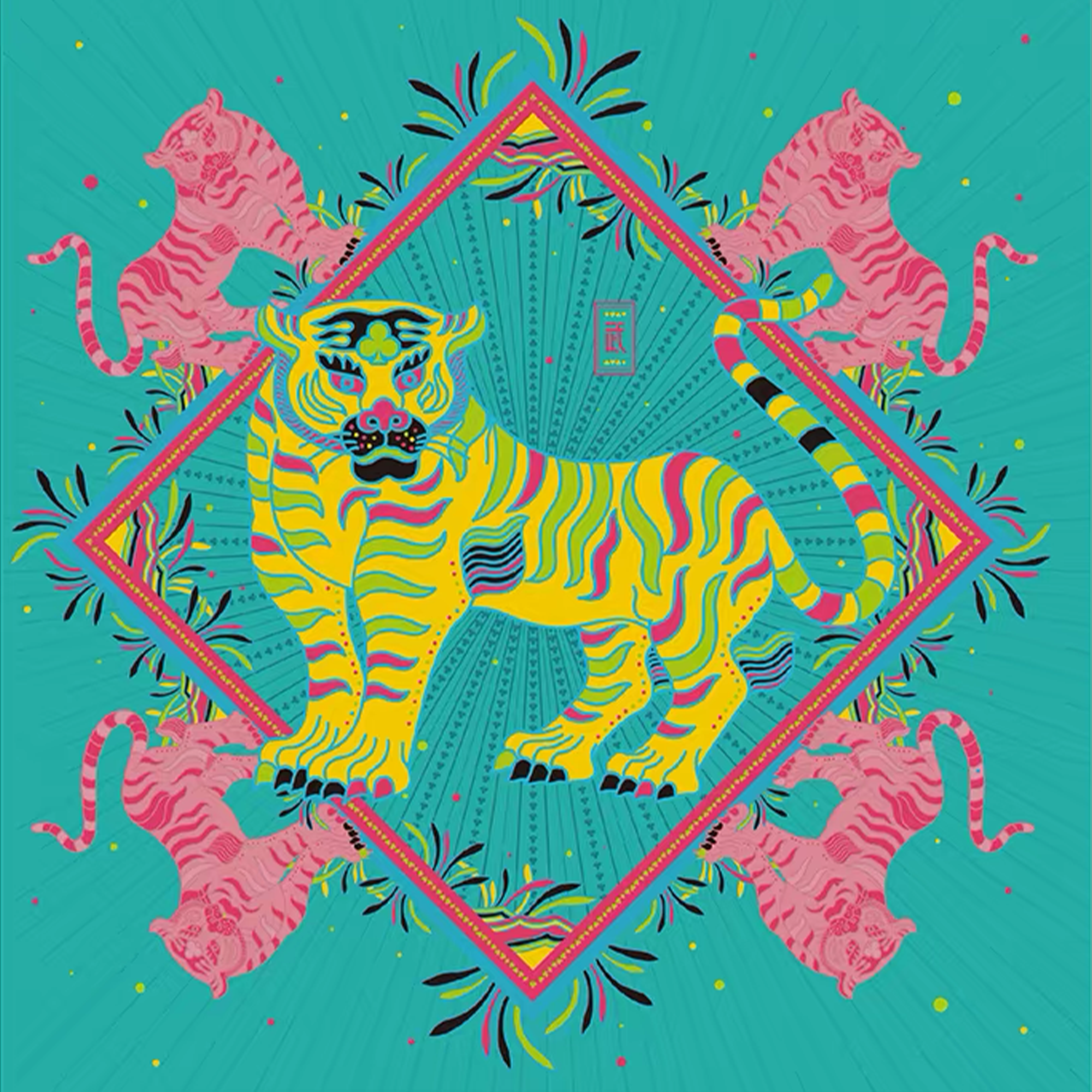 MASH UP ASIA Multicolor Tiger Sunburst Full-Print Square Scarf, premium urban and streetwear designers apparel on PROJECTISR.com, MASH UP ASIA