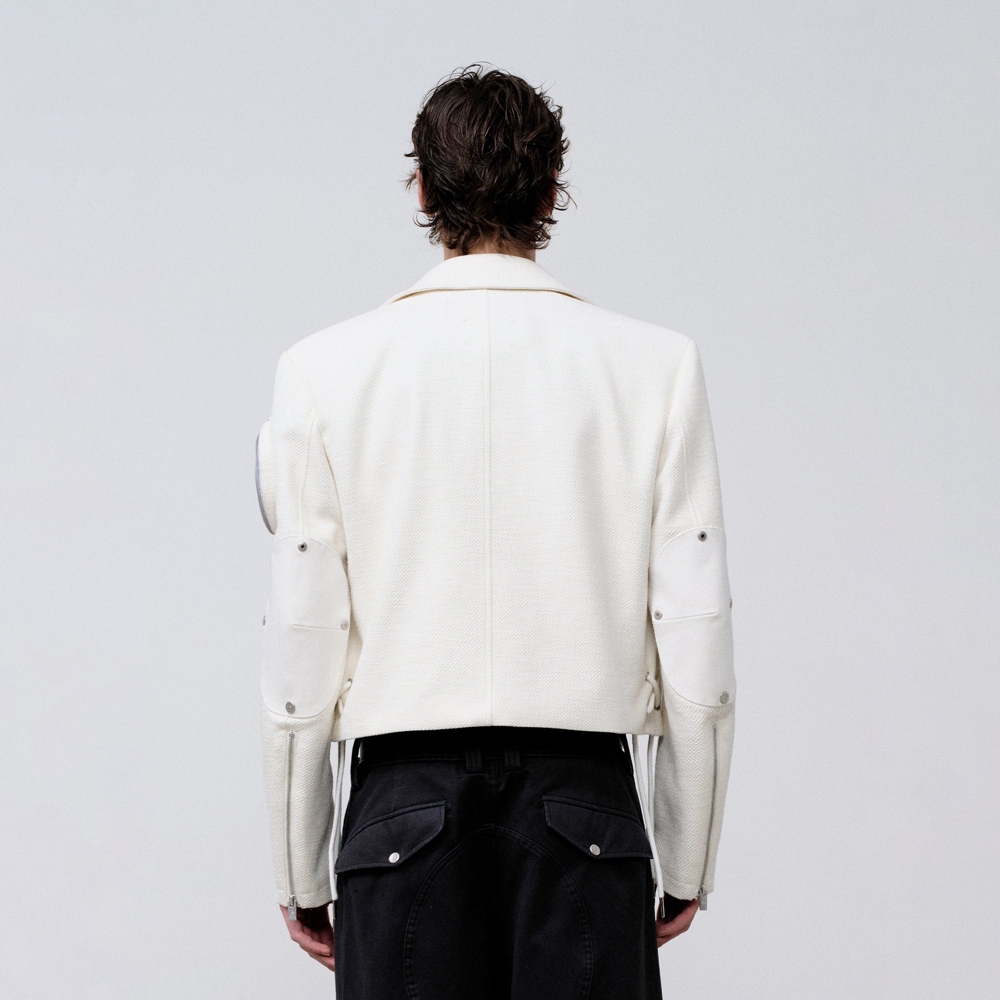 FACEONLAB Arm-Patched Cropped Naval Jacket White, premium urban and streetwear designers apparel on PROJECTISR.com, FACEONLAB