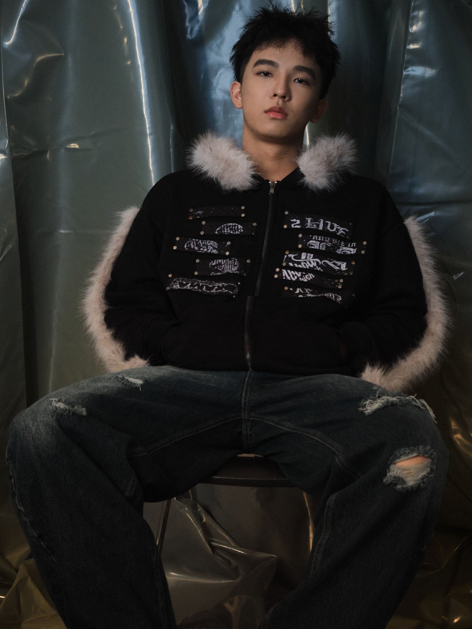 RECOVER ZONE Faux Fur Trim Graphic Zip-Up Hoodie