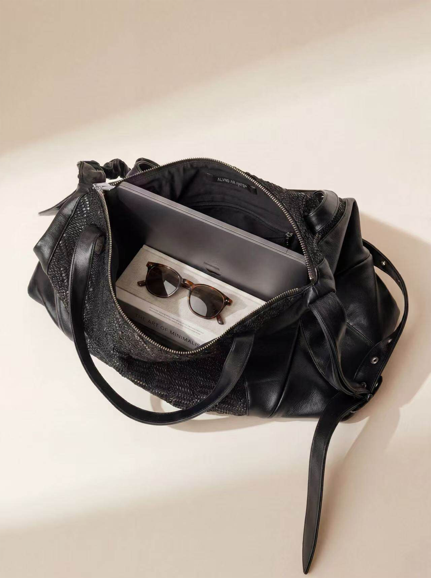 ALVNG AR ANTS Asymmetrical Ruched Woven Faux Leather Bag