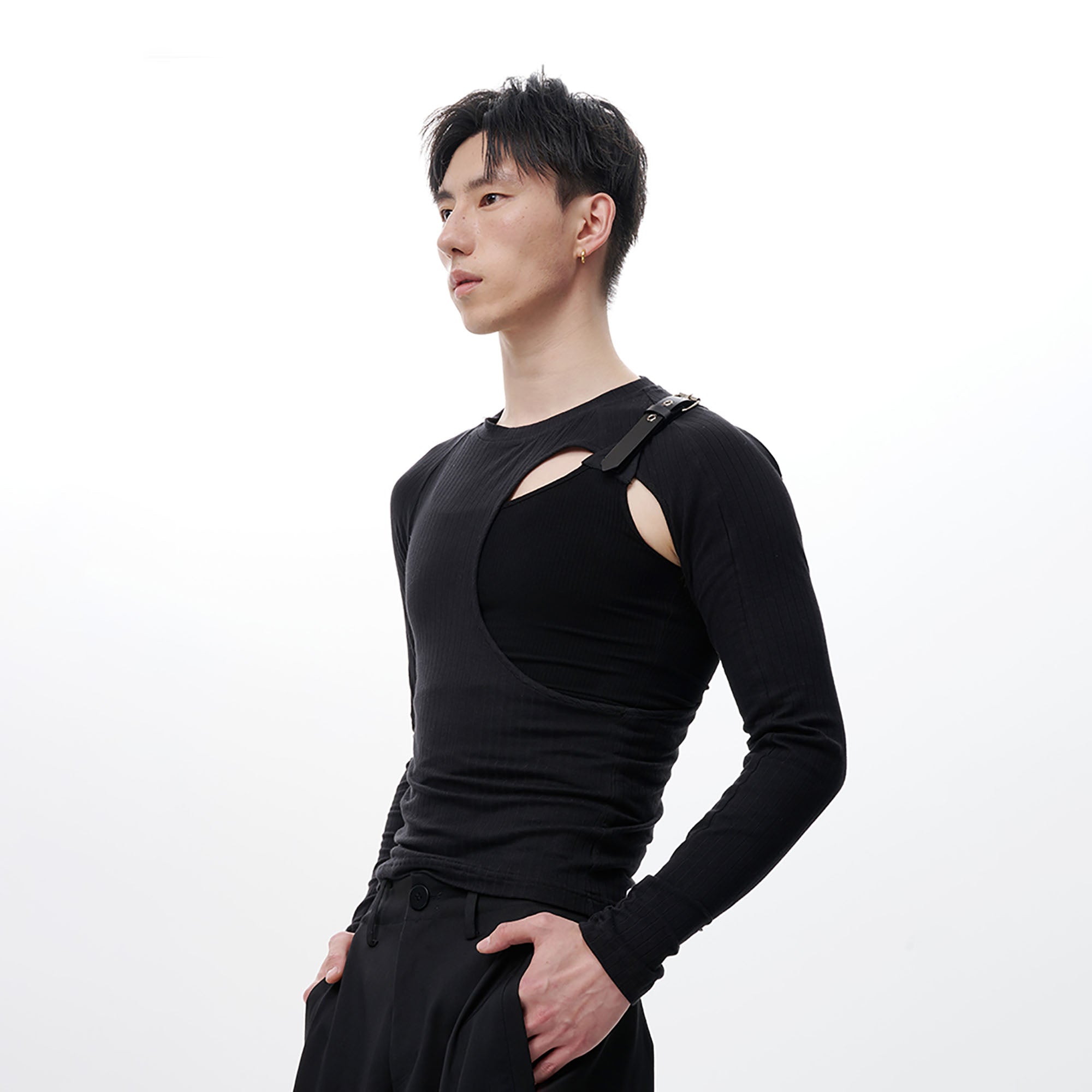 TUIMU Belted Cut-Out Ribbed Long-Sleeve Tee, premium urban and streetwear designers apparel on PROJECTISR.com, TUIMU