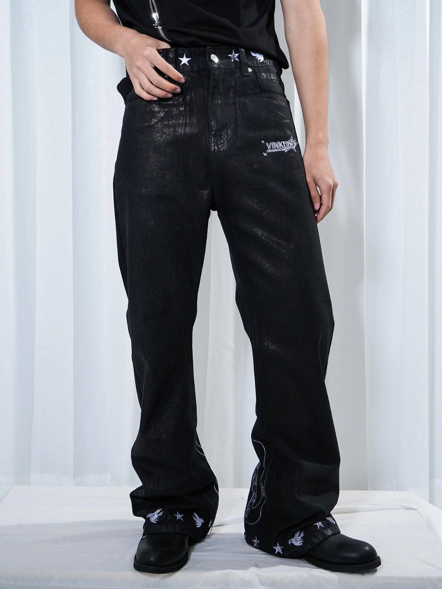 VINKID Star Graphic Crackle Waxed Jeans, premium urban and streetwear designers apparel on PROJECTISR.com, VINKID