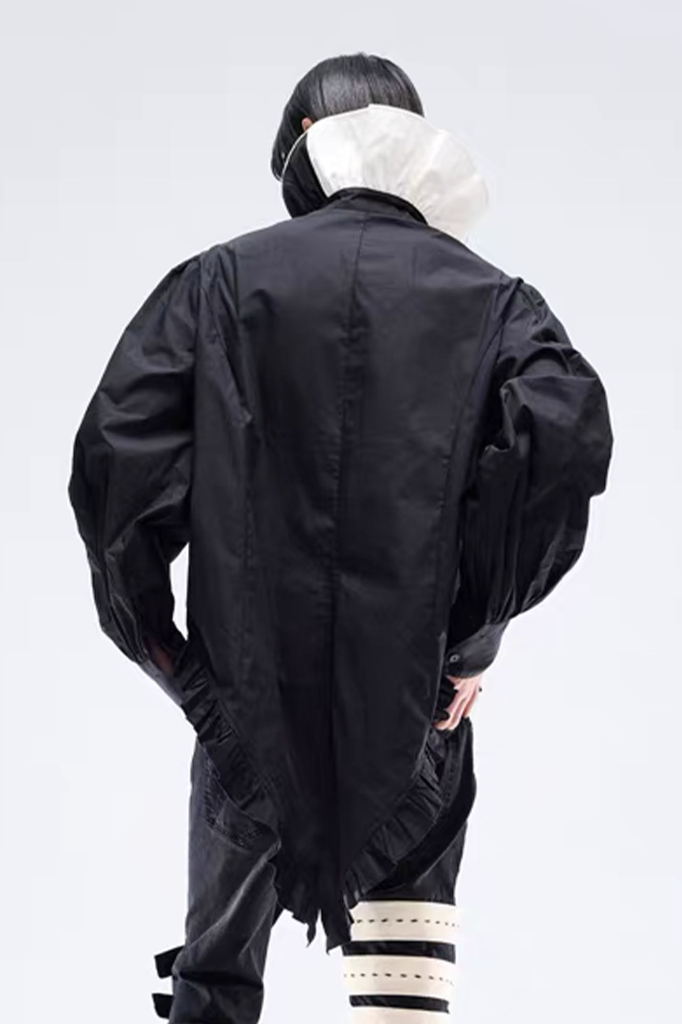 NOTHINGNESS WORLD Ruffle Bib Handkerchief-Hem Oversized Shirt, premium urban and streetwear designers apparel on PROJECTISR.com, NOTHINGNESS WORLD