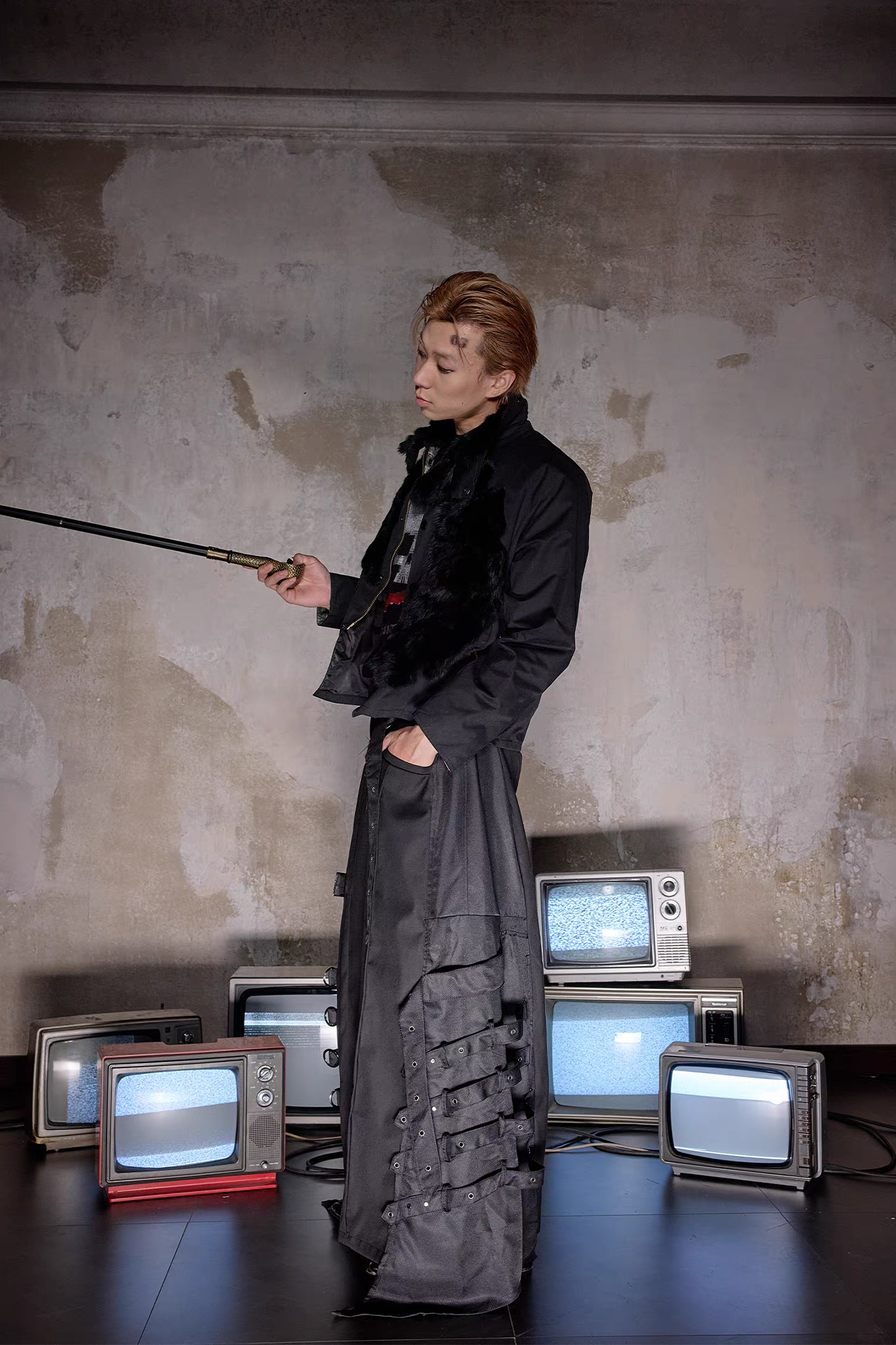 NOTHINGNESS WORLD Mottled Faux Fur Collar Snap-Button Jacket, premium urban and streetwear designers apparel on PROJECTISR.com, NOTHINGNESS WORLD