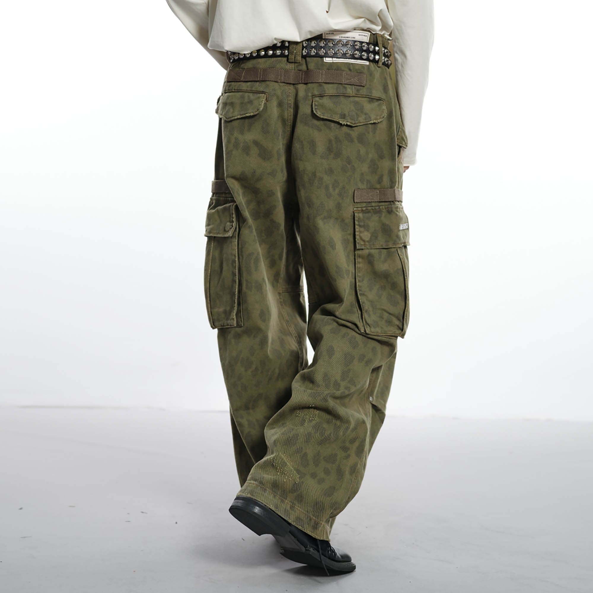 FACEONLAB Camo Leopard Pleated Straight-Leg Cargo Pants, premium urban and streetwear designers apparel on PROJECTISR.com, FACEONLAB