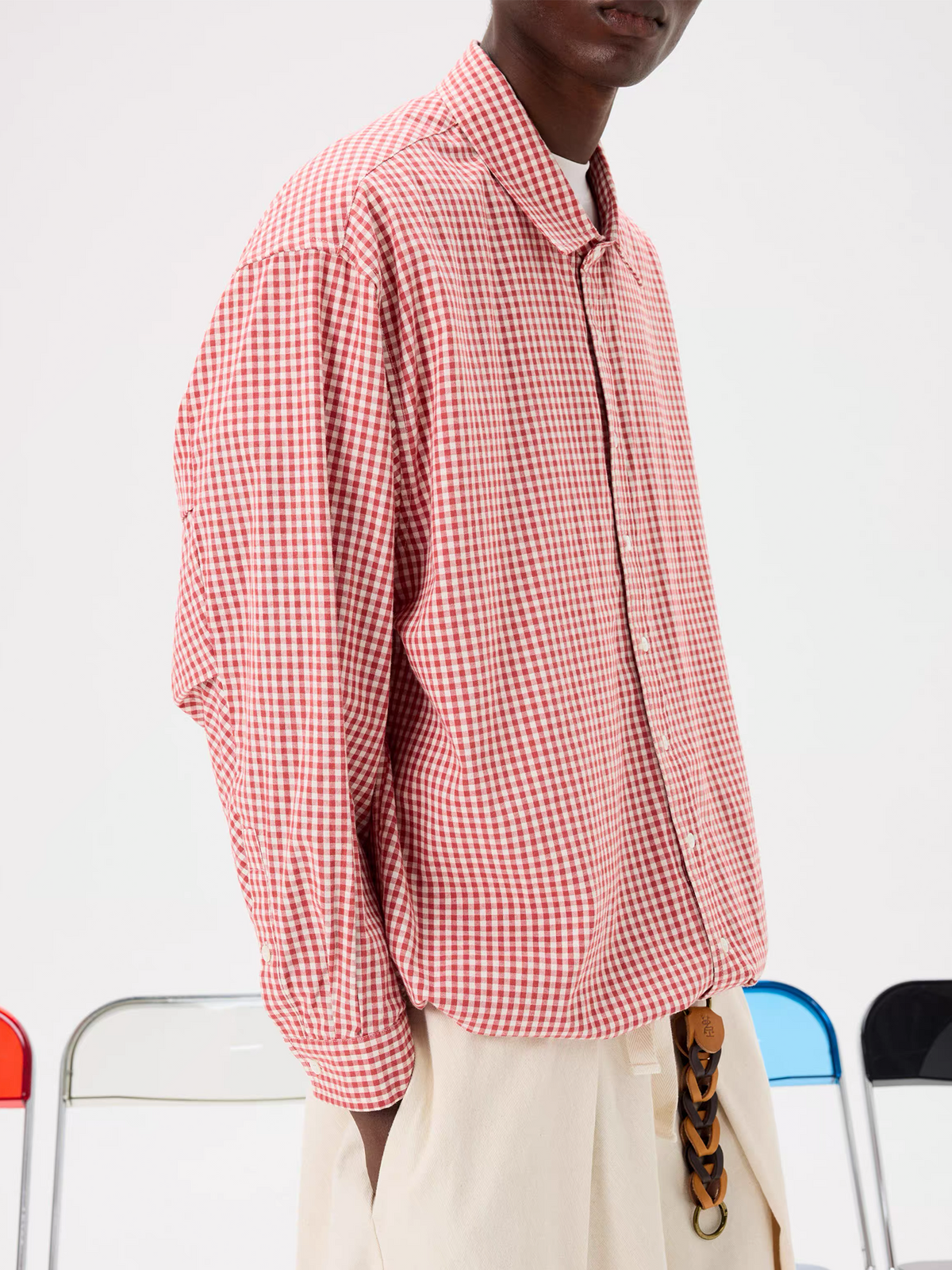 UNLIMITED MOTE Pleated Balloon Drawstring Plaid Long-Sleeve Shirt, premium urban and streetwear designers apparel on PROJECTISR.com, UNLIMITED MOTE