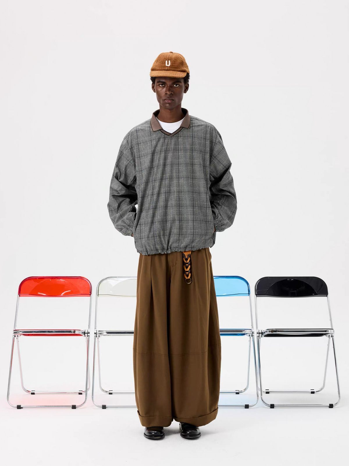 UNLIMITED MOTE Glen Plaid Double-Collar Drawstring Long-Sleeve Shirt, premium urban and streetwear designers apparel on PROJECTISR.com, UNLIMITED MOTE