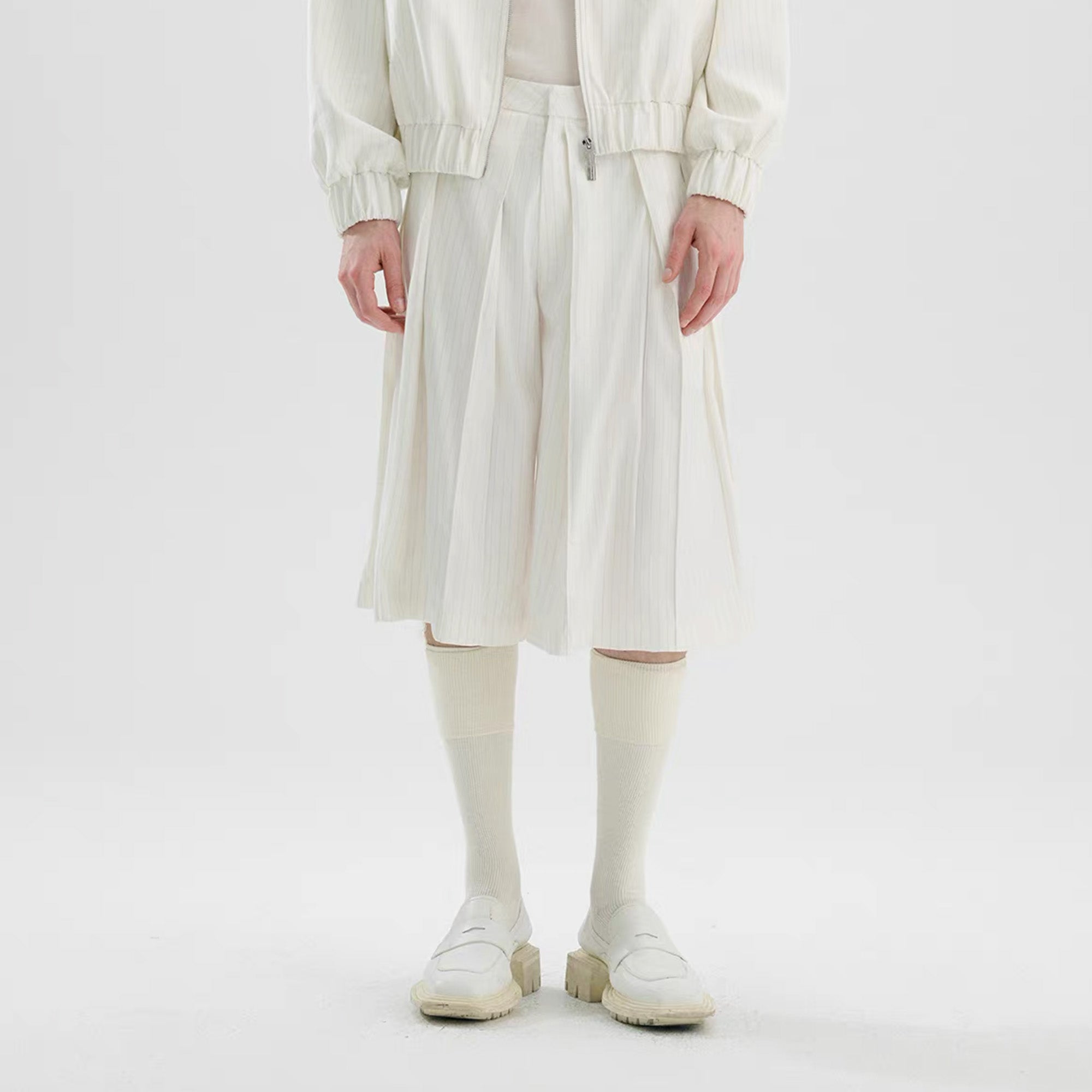 TIWILLTANG Pleated Pinstripe Skirt Shorts Pink/White, premium urban and streetwear designers apparel on PROJECTISR.com, TIWILLTANG