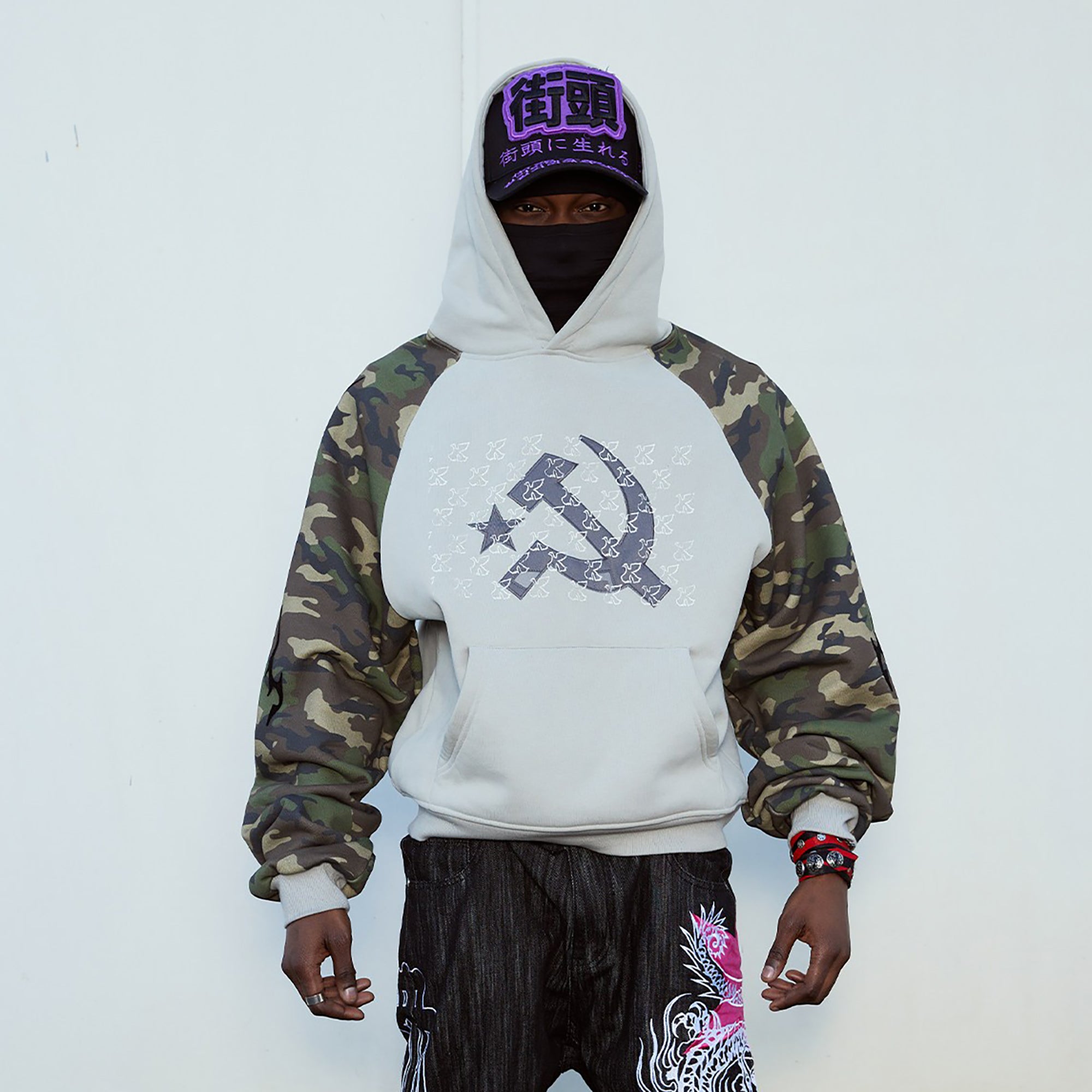 VINKID Embroidered Camo Raglan Panel Hoodie