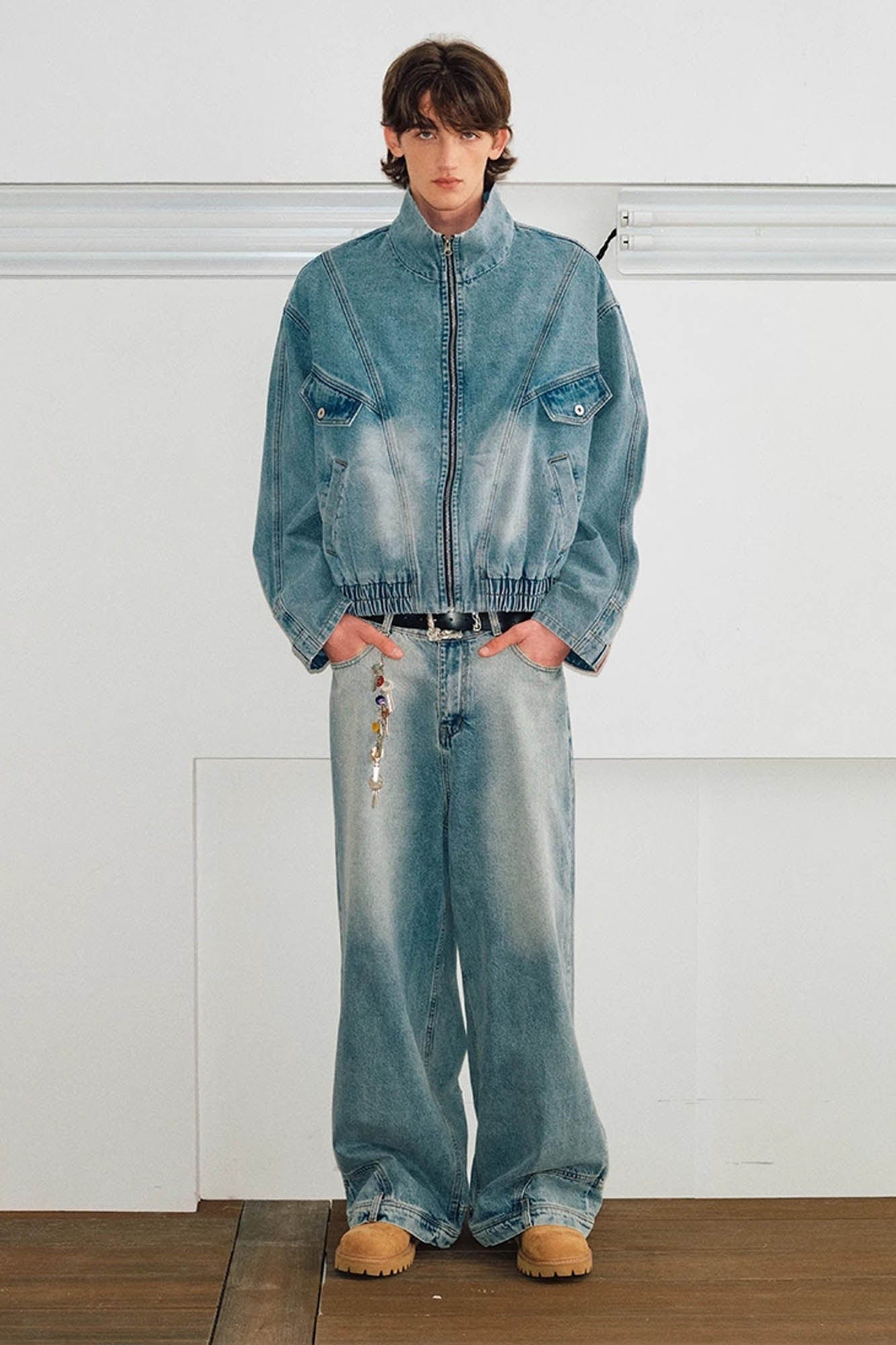 KREATE Jeans Cuff Spliced Stand Collar Jacket, premium urban and streetwear designers apparel on PROJECTISR.com, KREATE