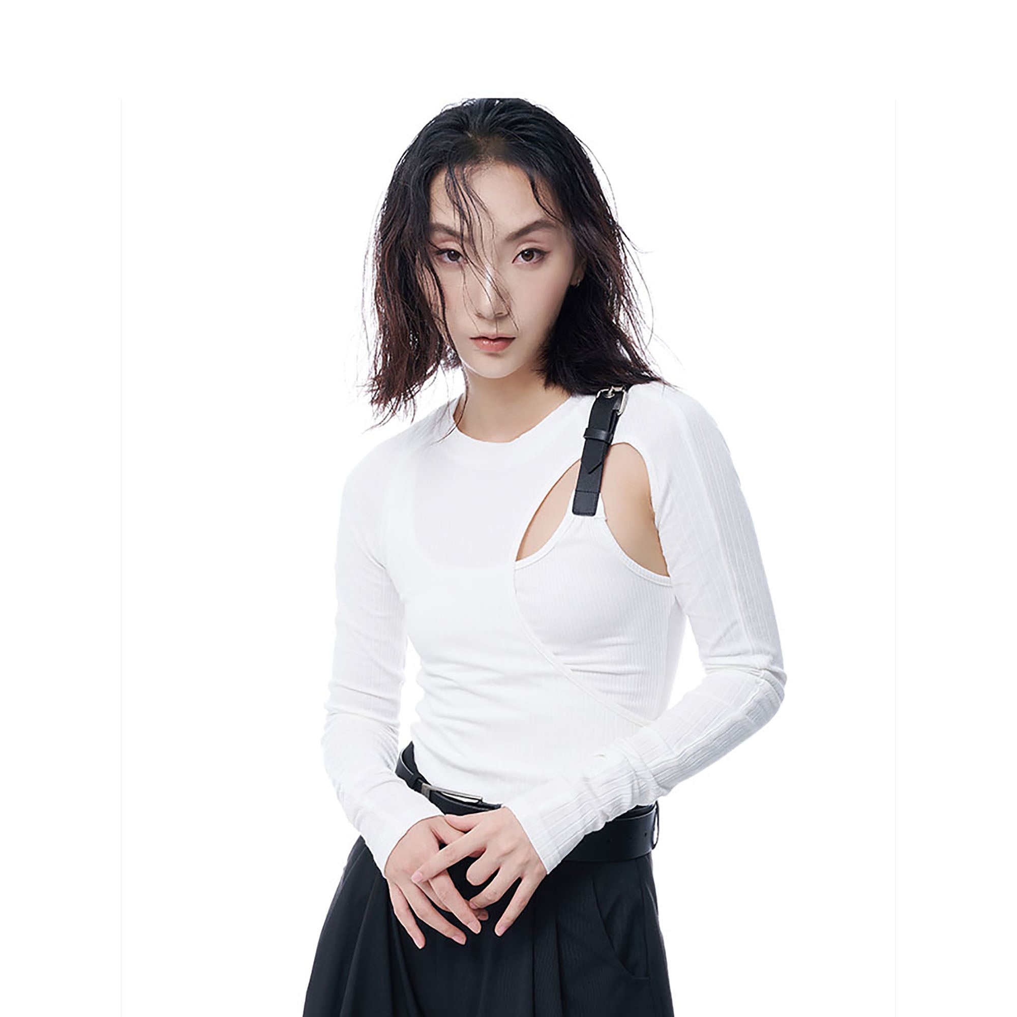 TUIMU Belted Cut-Out Ribbed Long-Sleeve Tee, premium urban and streetwear designers apparel on PROJECTISR.com, TUIMU