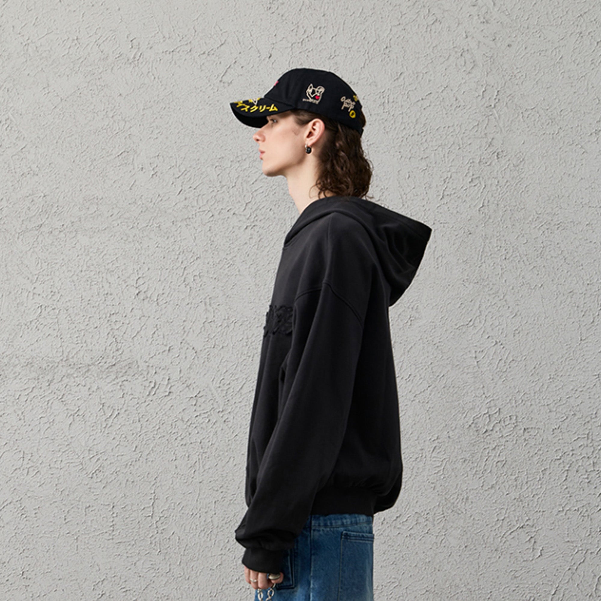 ORGANIC EMOTION Asymmetrical Hem LOGO Embroidered Hoodie, premium urban and streetwear designers apparel on PROJECTISR.com, ORGANIC EMOTION