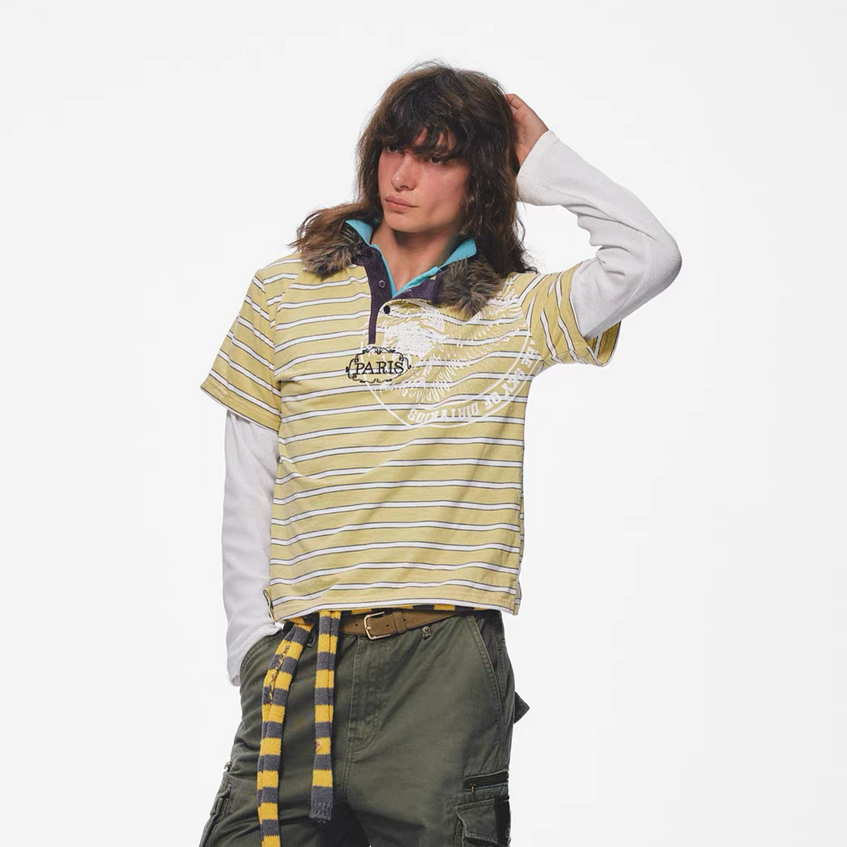 TRECLUB Fur-Collar Embroidered Striped Layered Long-Sleeve Tee