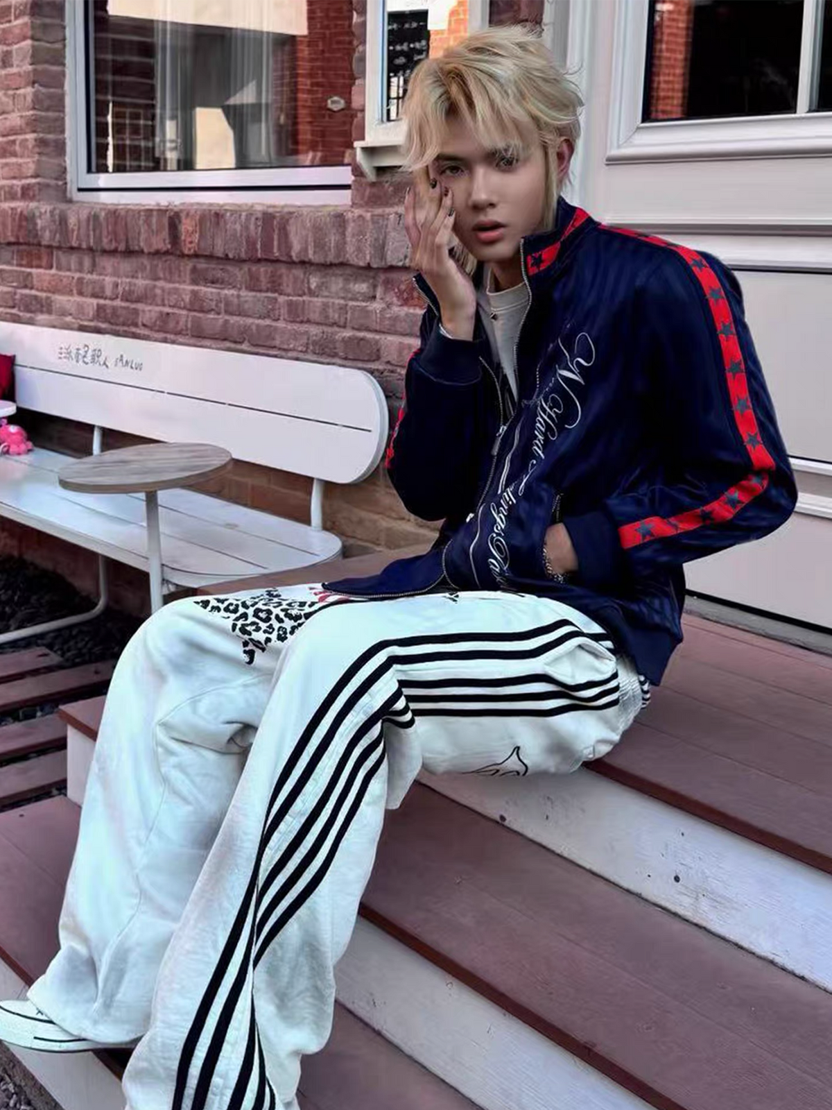 PASET Striped Star-Graphic Spliced Stand-Collar Zip Jacket
