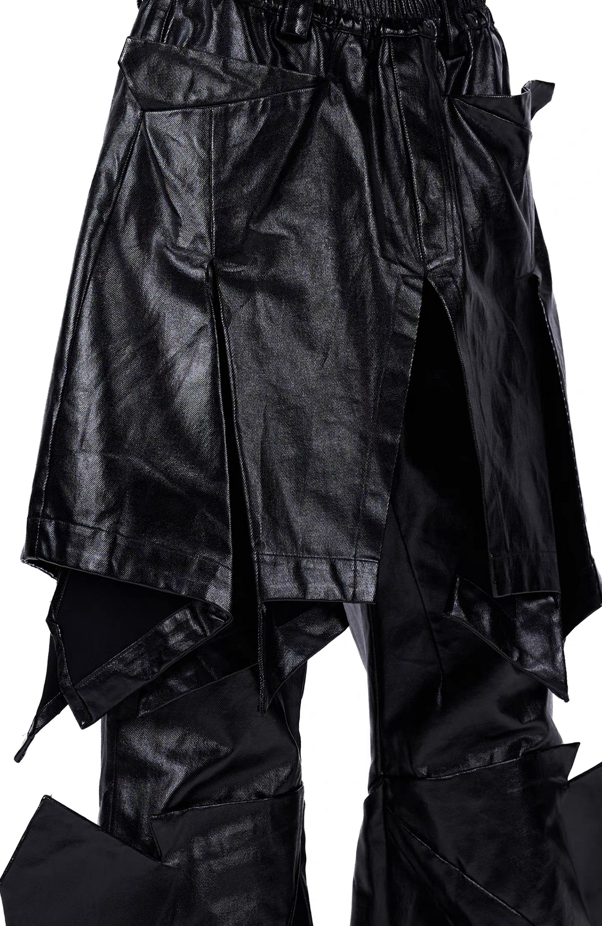 VANGUARDIA Deconstructed Layered Coated Denim Flared Pants