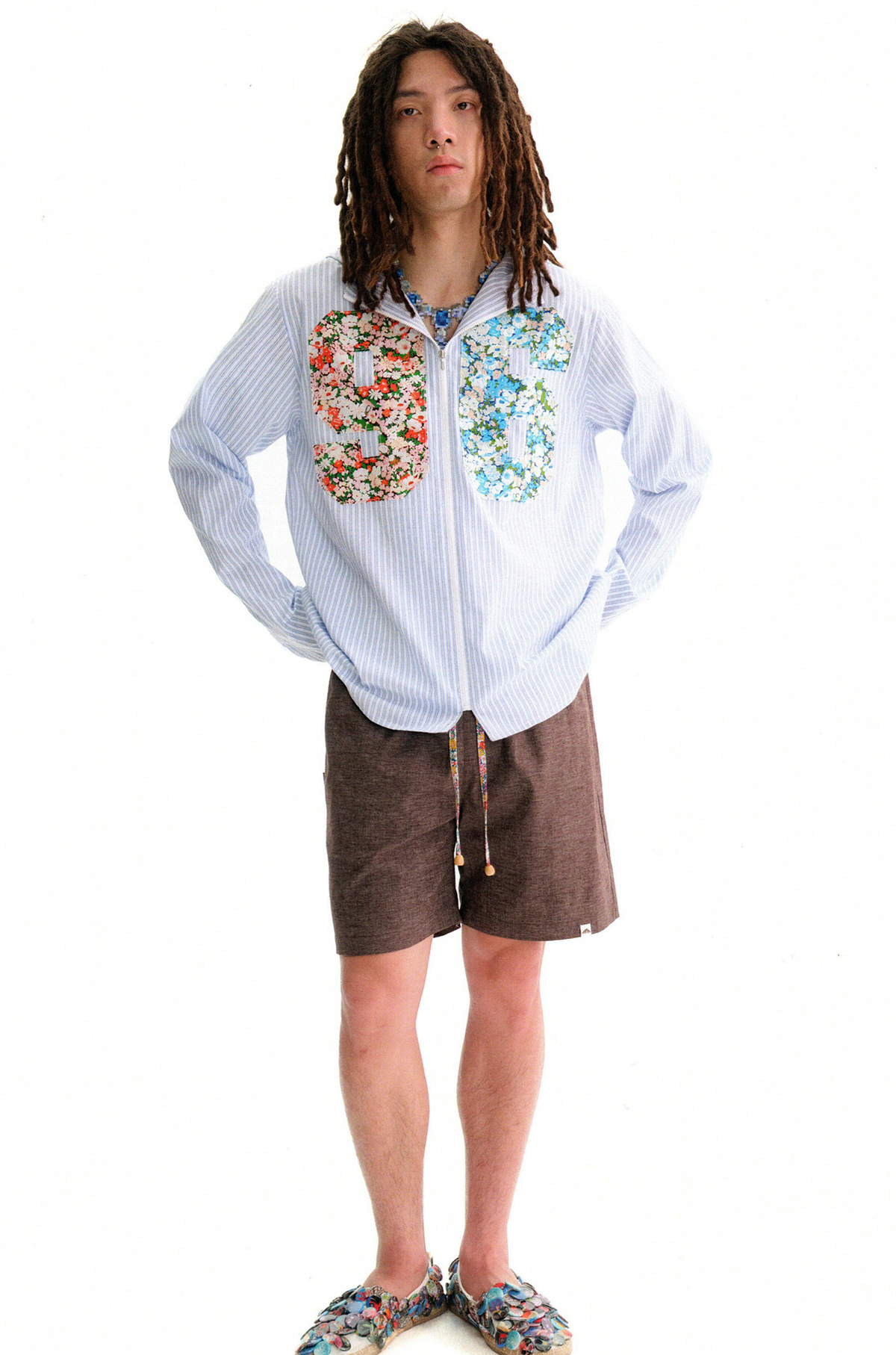 URBAN+FOREST Floral Patchwork Striped Hooded Shirt Jacket, premium urban and streetwear designers apparel on PROJECTISR.com, URBAN+FOREST