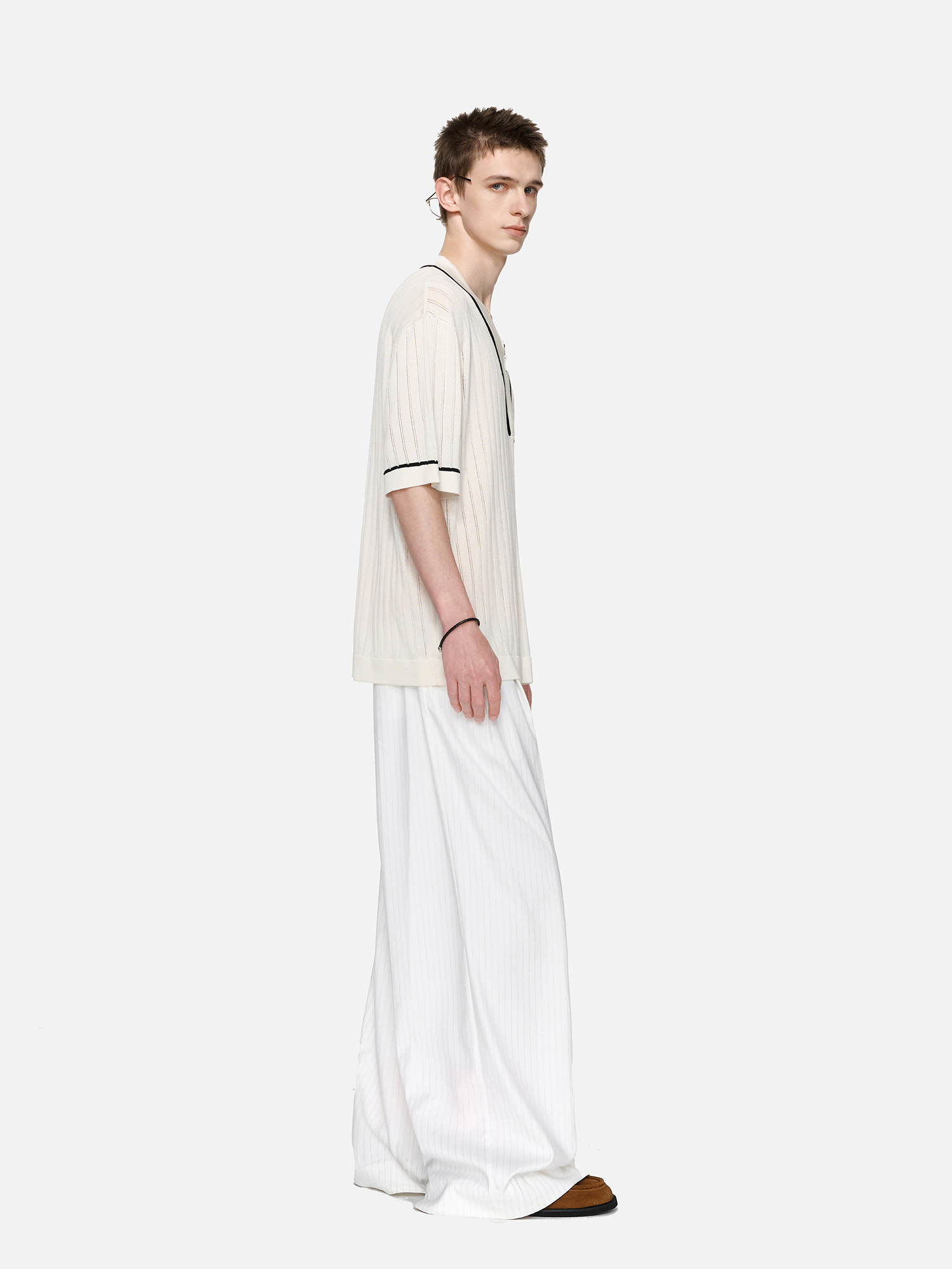 TIWILLTANG Openwork Contrast Trim Zip-Neck Knitted T Shirt