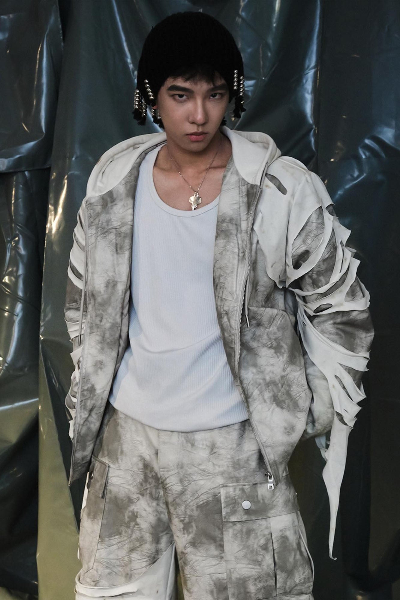 RECOVER ZONE Distressed Slashed PU Layered Hooded Jacket