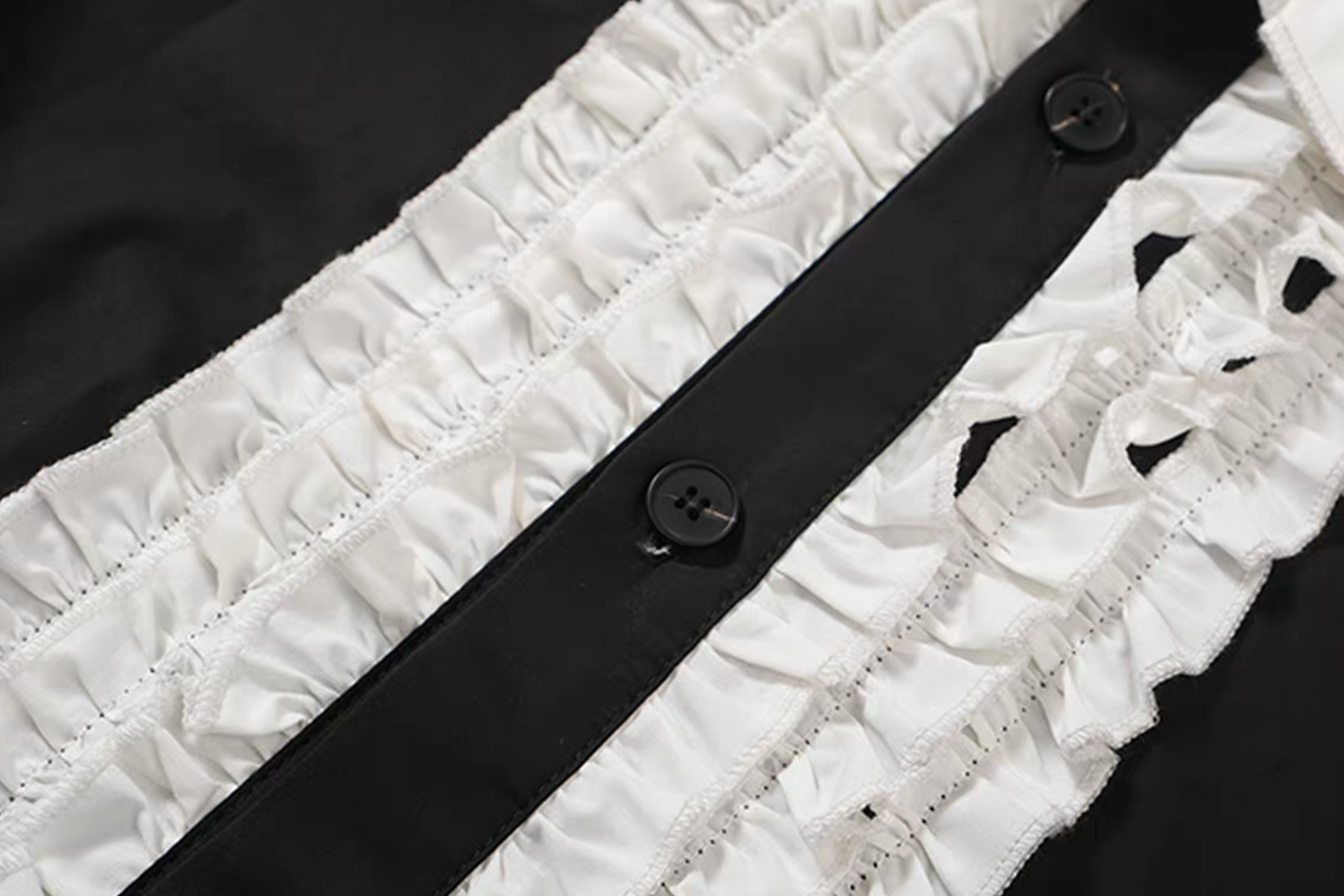 NOTHINGNESS WORLD Ruffle Bib Handkerchief-Hem Oversized Shirt, premium urban and streetwear designers apparel on PROJECTISR.com, NOTHINGNESS WORLD