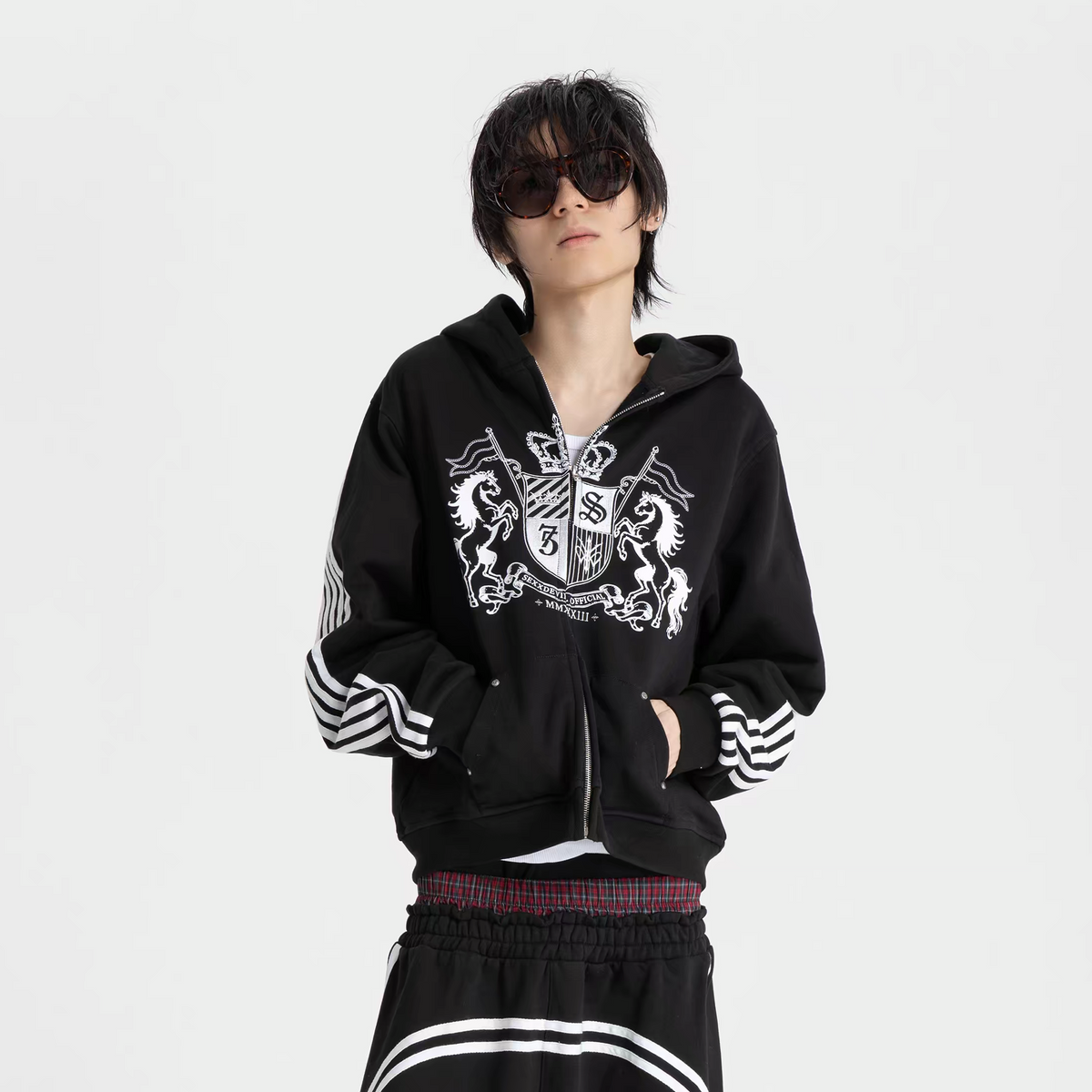 SEXXDEVIL Striped Embroidered Zip-Up Hoodie