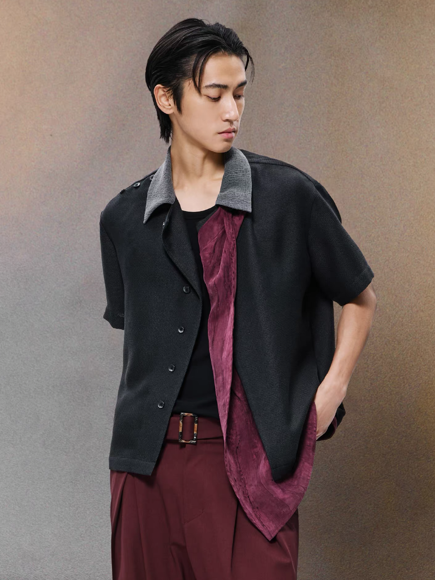 ALVNG AR ANTS Asymmetrical Contrast Spliced Linen Half Shirt, premium urban and streetwear designers apparel on PROJECTISR.com, ALVNG AR ANTS