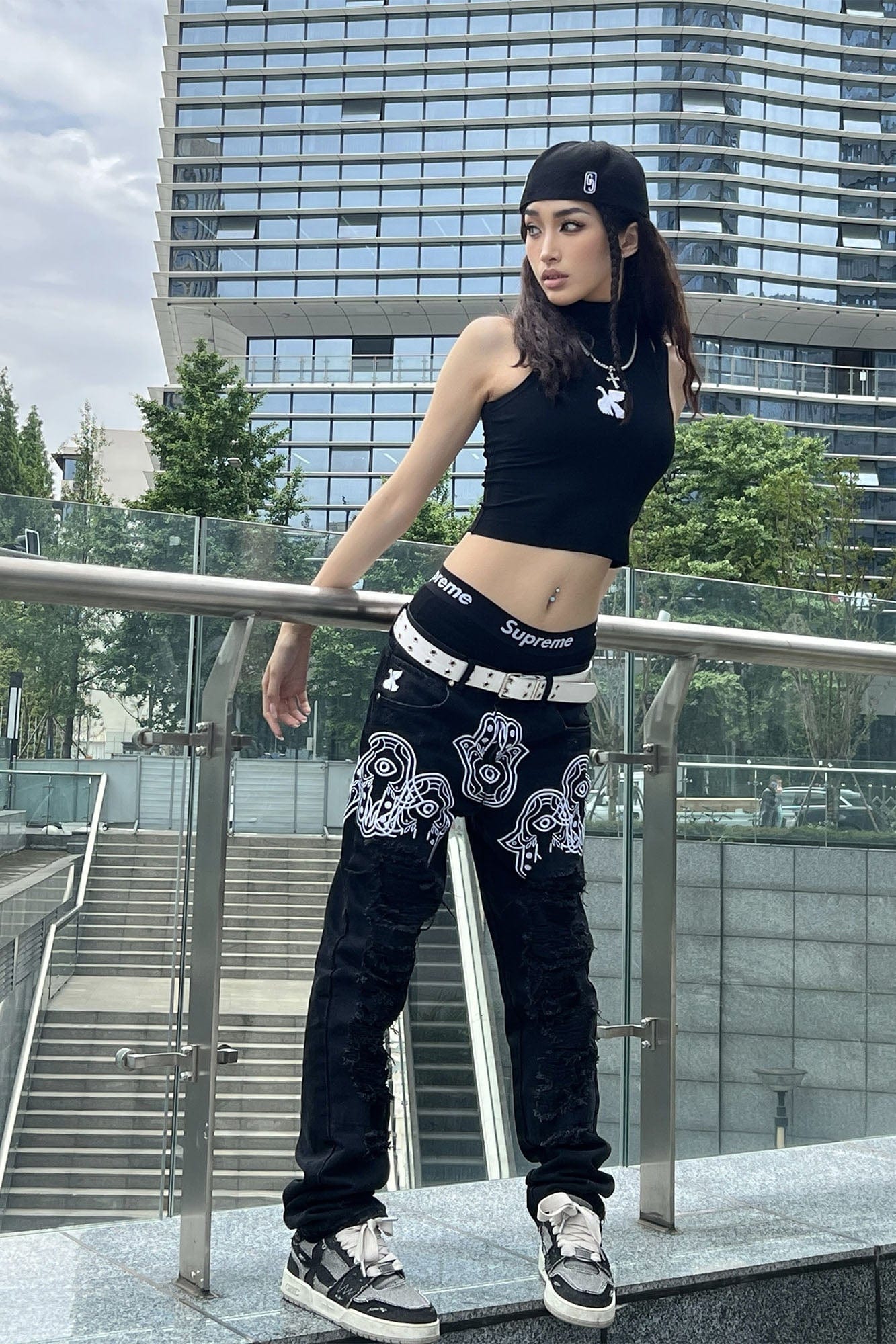 VINKID Hamsa Embroidered Double-Layer Ripped Stacked Jeans, premium urban and streetwear designers apparel on PROJECTISR.com, VINKID