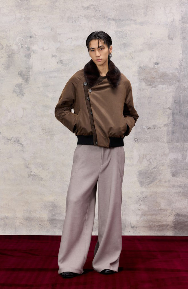 ALVNG AR ANTS Asymmetrical Placket Faux Fur Collar Jacket