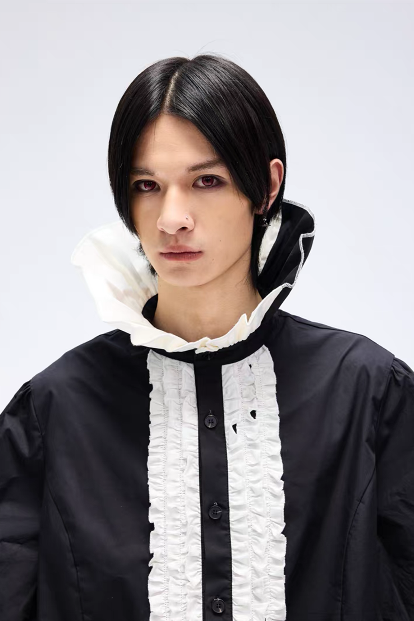 NOTHINGNESS WORLD Ruffle Bib Handkerchief-Hem Oversized Shirt, premium urban and streetwear designers apparel on PROJECTISR.com, NOTHINGNESS WORLD