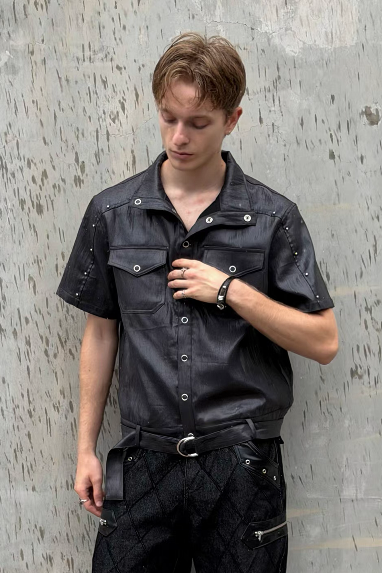 ESAIAS Studded Waxed Linen Belted Half Shirt
