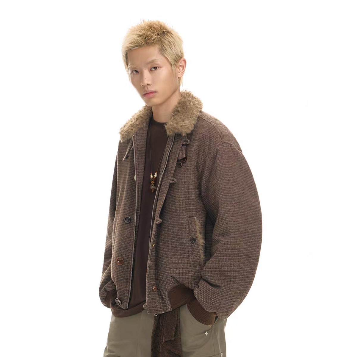 TGNS Striped Faux Fur Collar Cotton-Padded Jacket