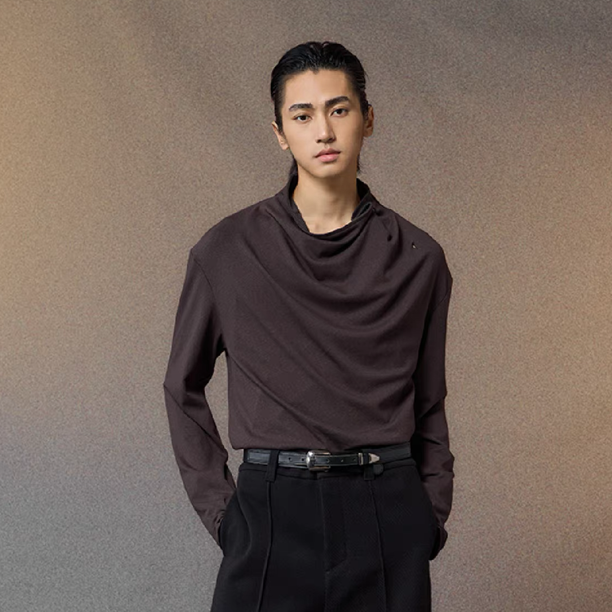 ALVNG AR ANTS Draped-Neck Long-Sleeve Tee, premium urban and streetwear designers apparel on PROJECTISR.com, ALVNG AR ANTS