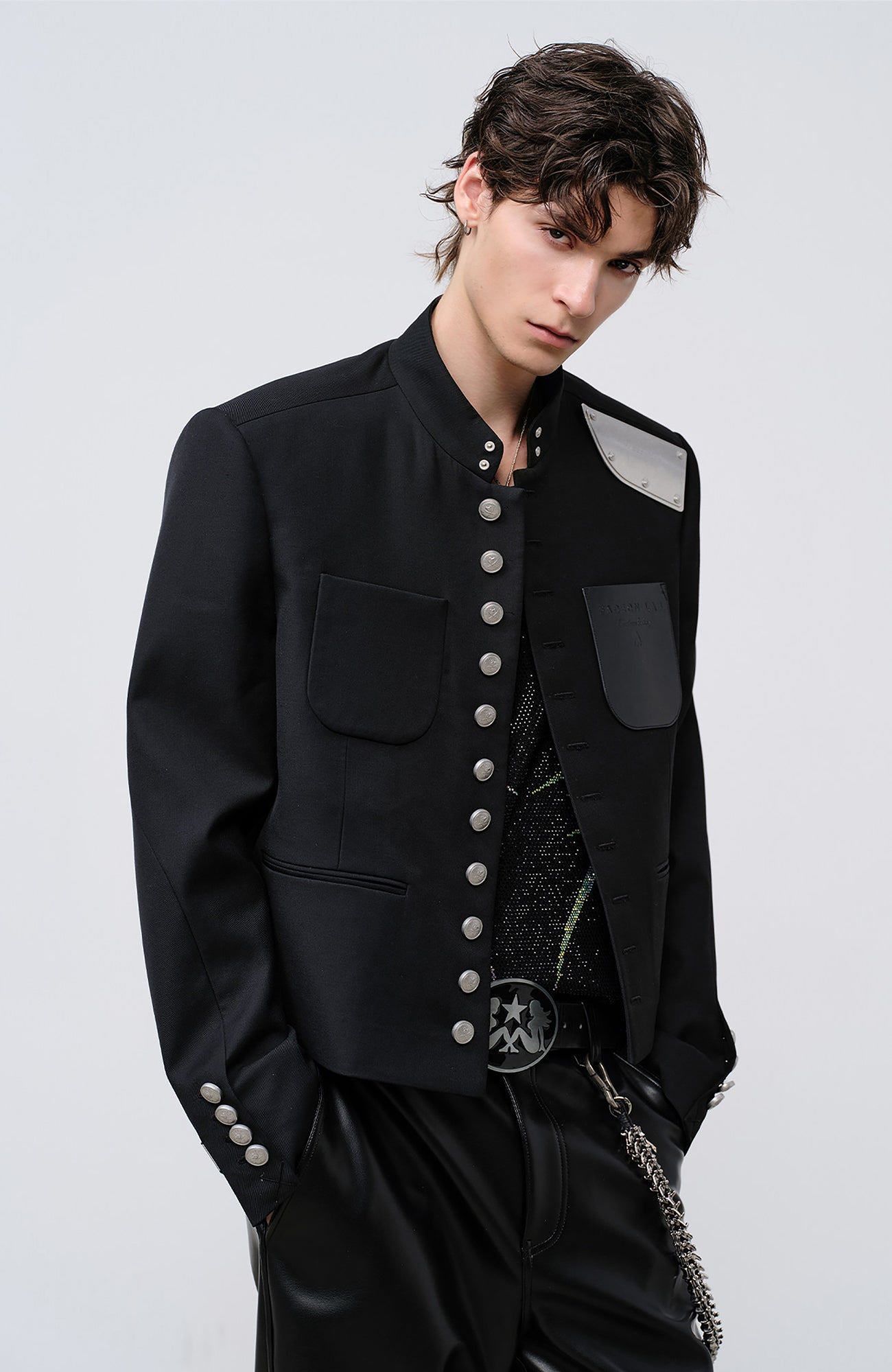 FACEONLAB Stand-Collar Metal-Shoulder Blazer Black, premium urban and streetwear designers apparel on PROJECTISR.com, FACEONLAB