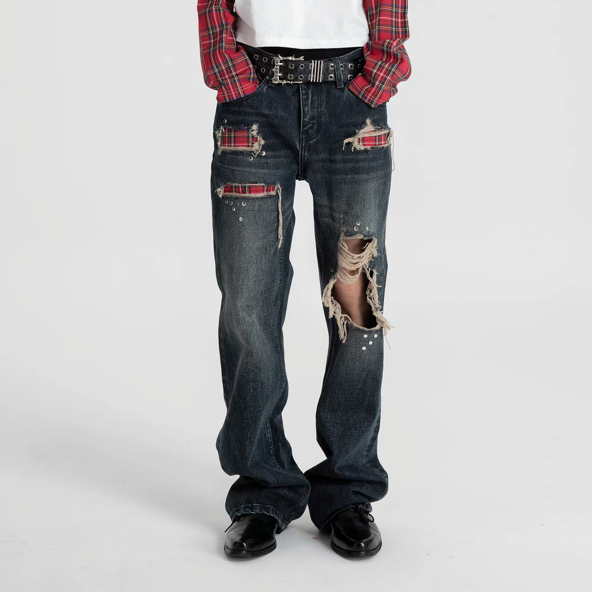 SEXXDEVIL Plaid Patch Distressed Rivet Washed Flared Jeans
