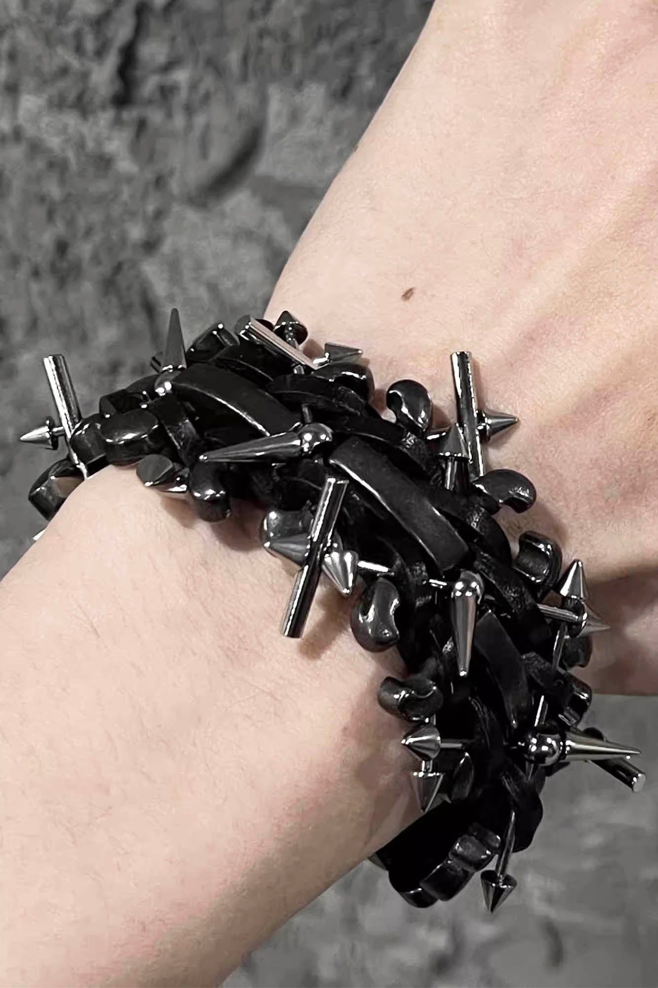 ILLUSORY Braided Spiked Leather Bracelet, premium urban and streetwear designers apparel on PROJECTISR.com, ILLUSORY