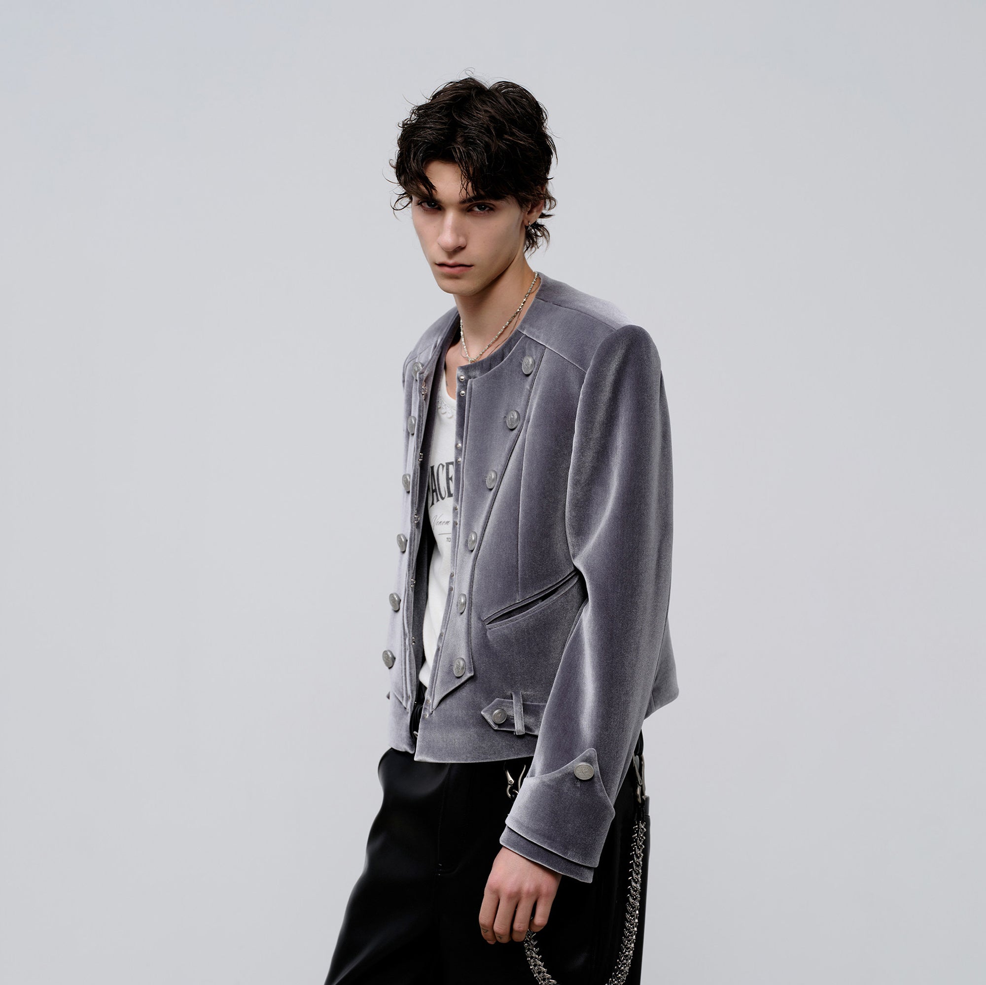 FACEONLAB Velvet Operatic Cropped Jacket Gray, premium urban and streetwear designers apparel on PROJECTISR.com, FACEONLAB