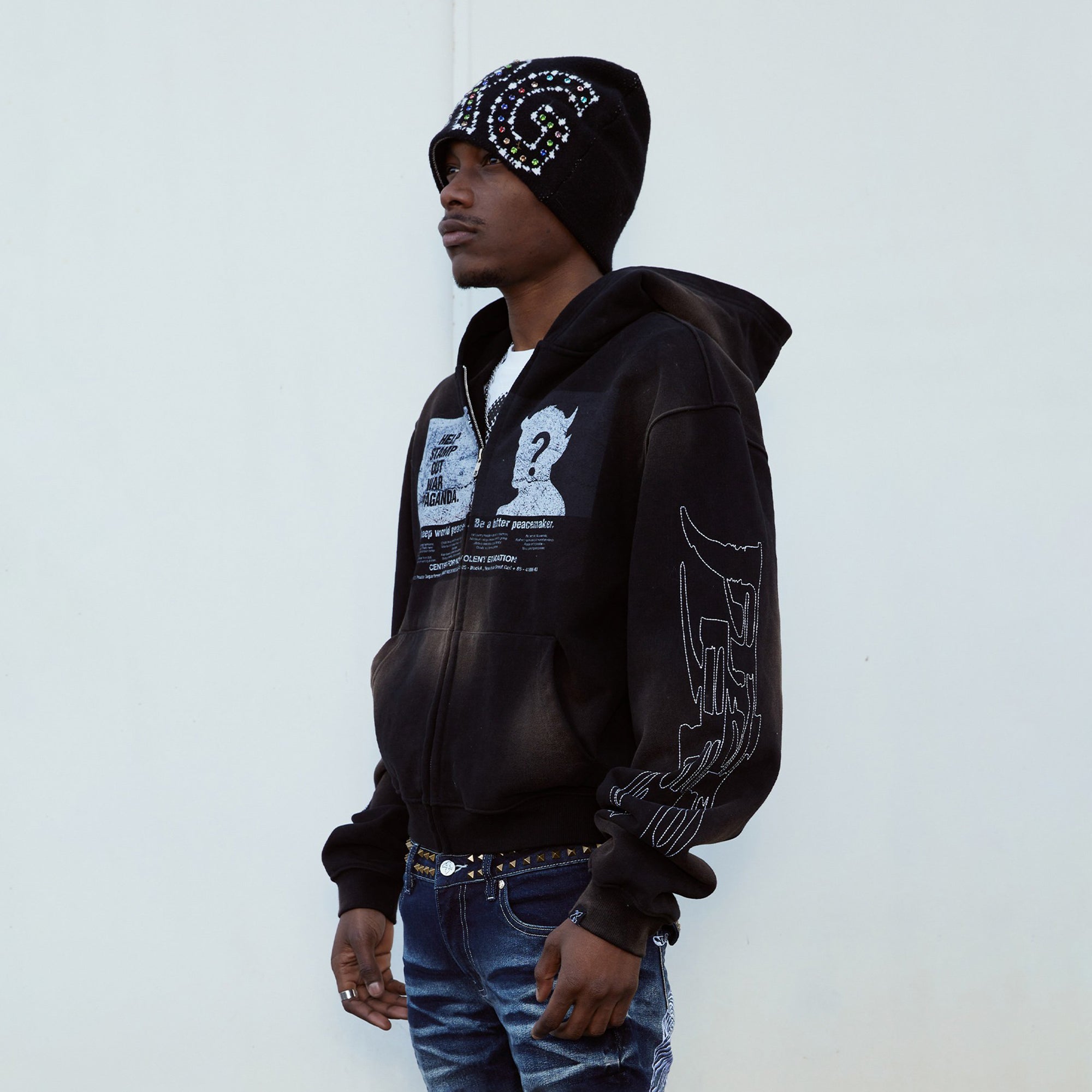 VINKID Demon Graphic Washed Zip-Up Hoodie