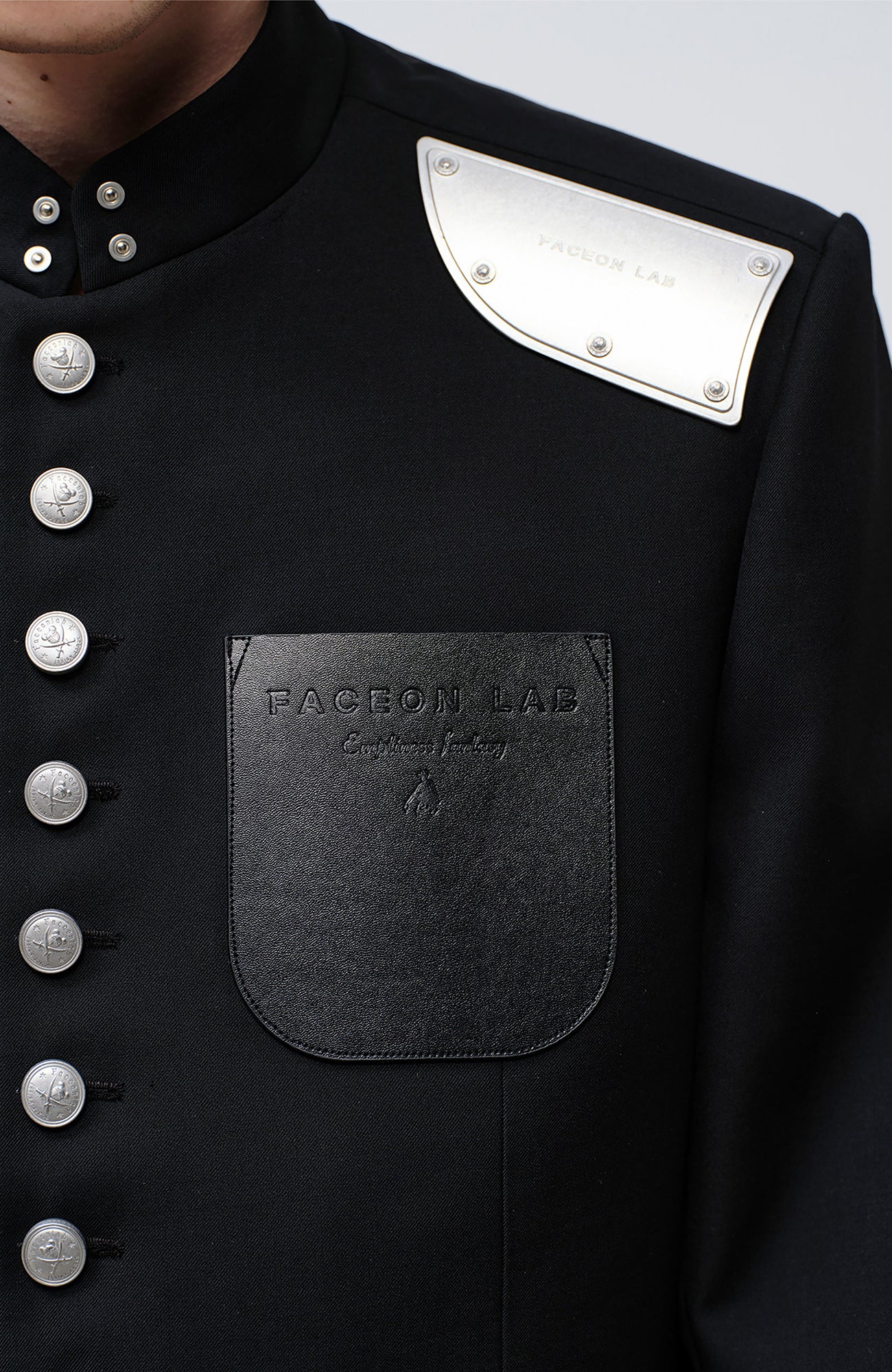 FACEONLAB Stand-Collar Metal-Shoulder Blazer Black, premium urban and streetwear designers apparel on PROJECTISR.com, FACEONLAB