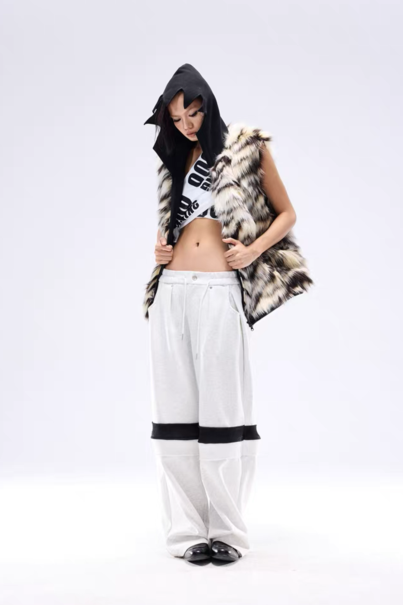 NOTHINGNESS WORLD Tiger-Stripe Spiked Crown Hooded Vest, premium urban and streetwear designers apparel on PROJECTISR.com, NOTHINGNESS WORLD