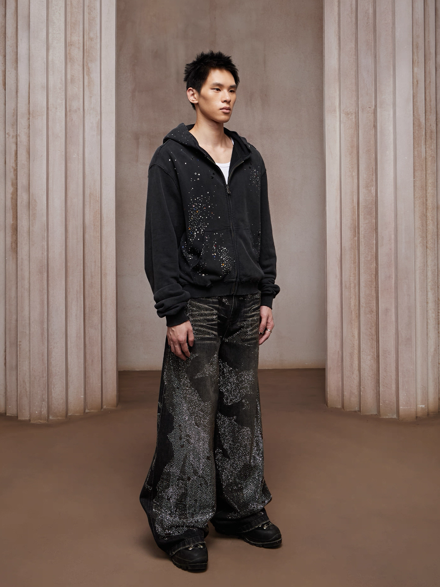 DND4DES Dirty-Washed Diamond Wide-Leg Jeans Black