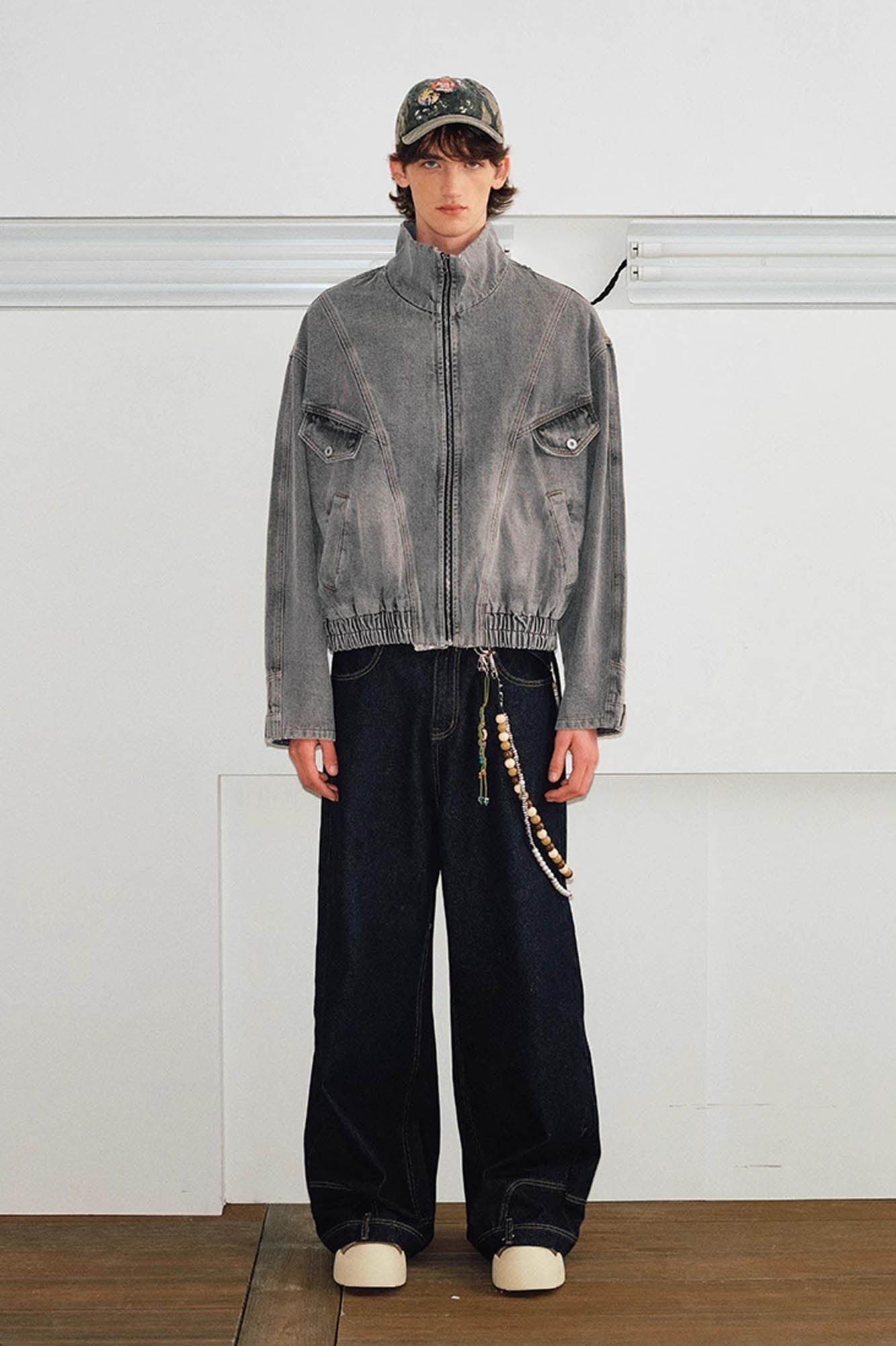 KREATE Jeans Cuff Spliced Stand Collar Jacket, premium urban and streetwear designers apparel on PROJECTISR.com, KREATE