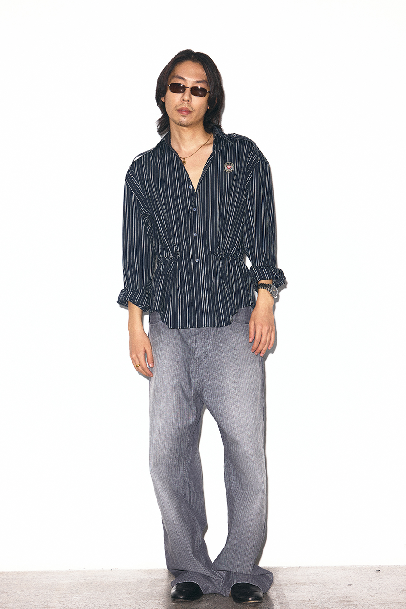 TRECLUB Striped Embroidered Drawstring-Waist Shirt