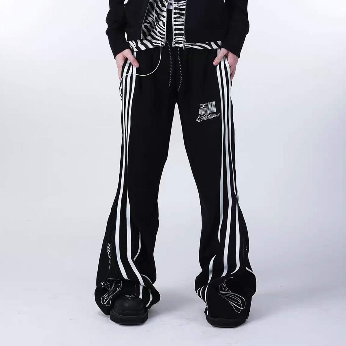 SEXXDEVIL Striped Deconstructed Zippered Embroidered Sweatpants