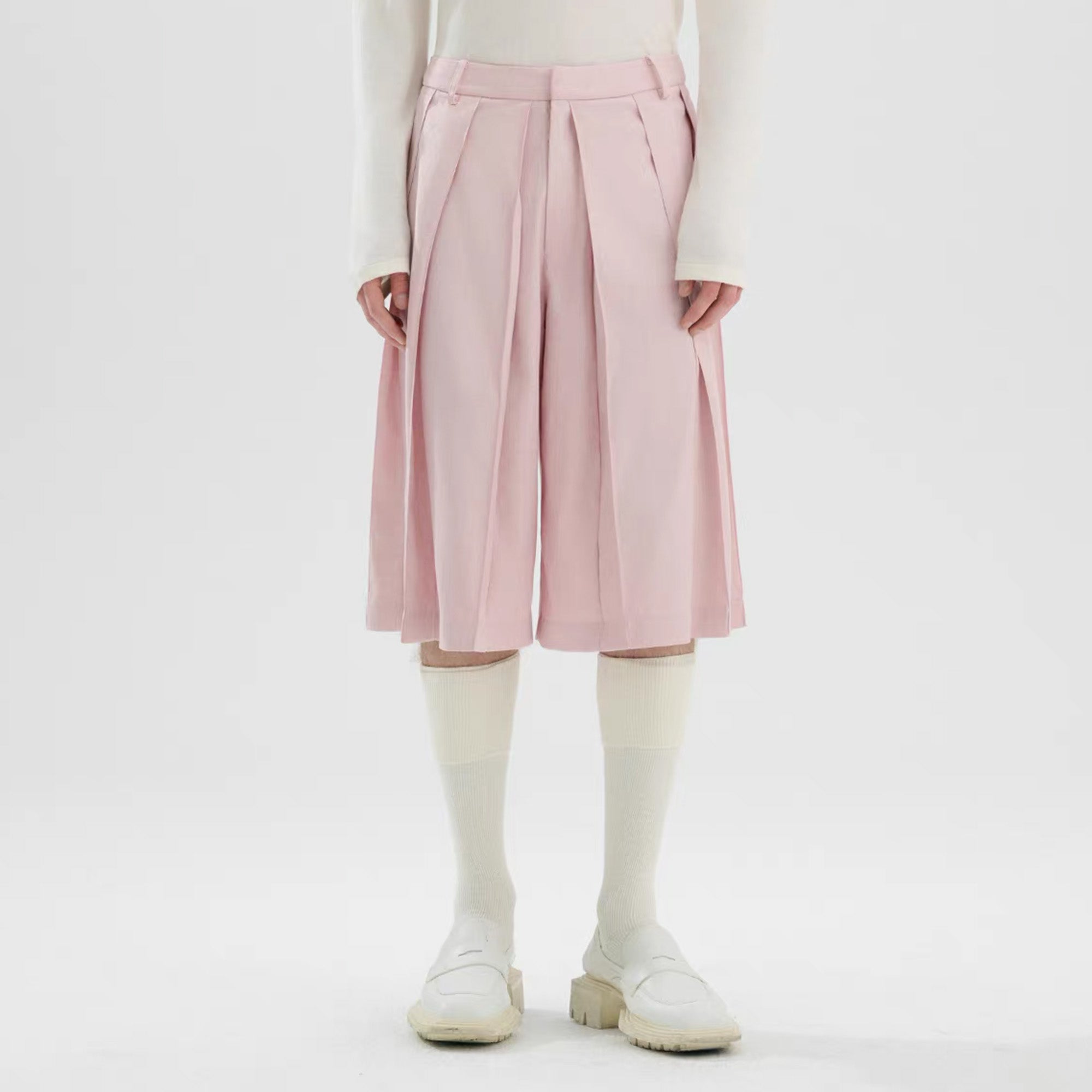 TIWILLTANG Pleated Pinstripe Skirt Shorts Pink/White, premium urban and streetwear designers apparel on PROJECTISR.com, TIWILLTANG