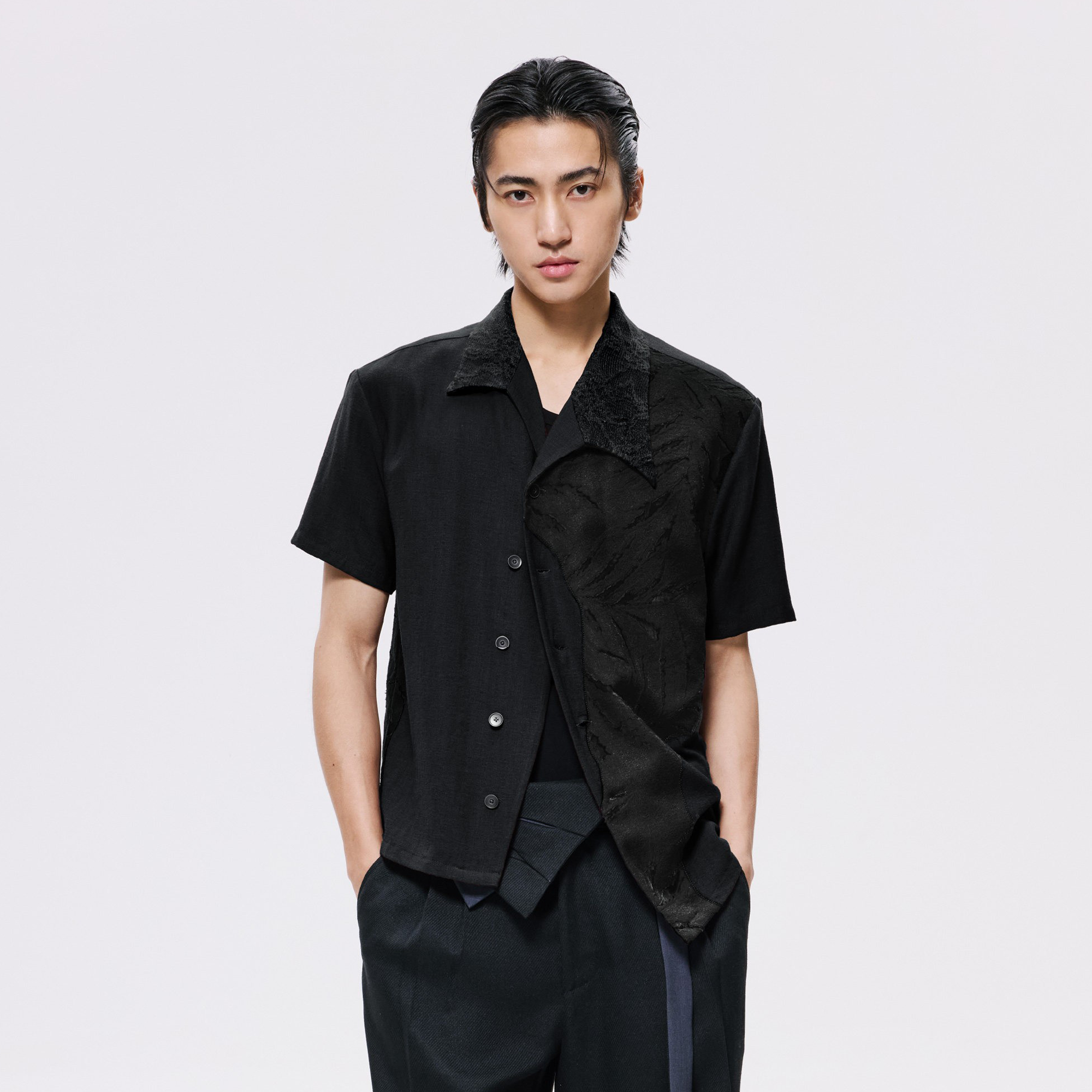 ALVNG AR ANTS Burnout Linen-Blend Asymmetrical Spliced Half Shirt