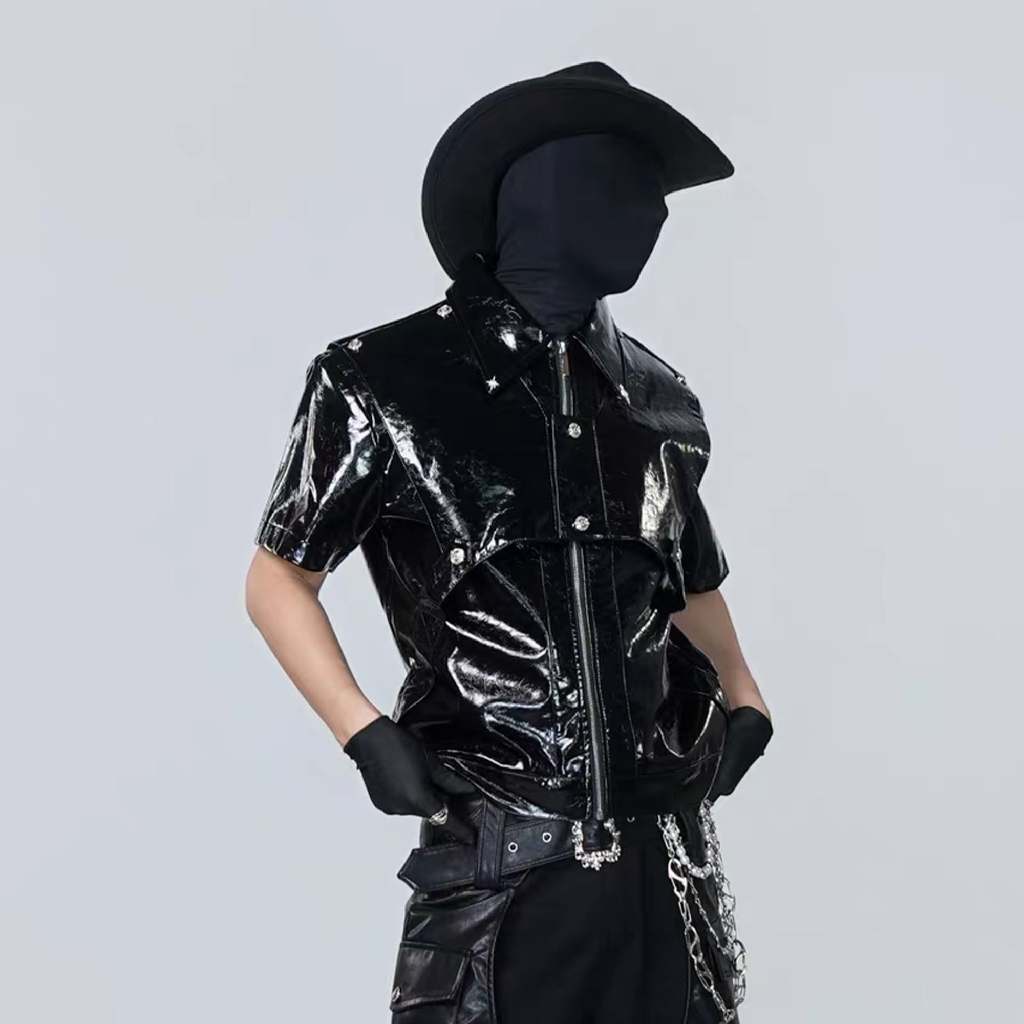 VE2 Glossy Faux Leather Cropped Short-Sleeve Jacket