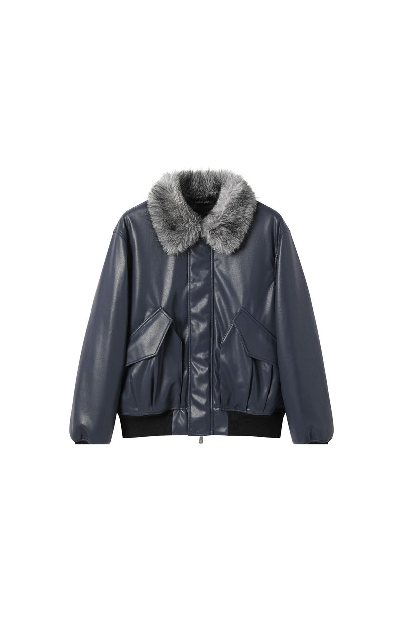 ALVNG AR ANTS Faux Fur Collar PU Jacket