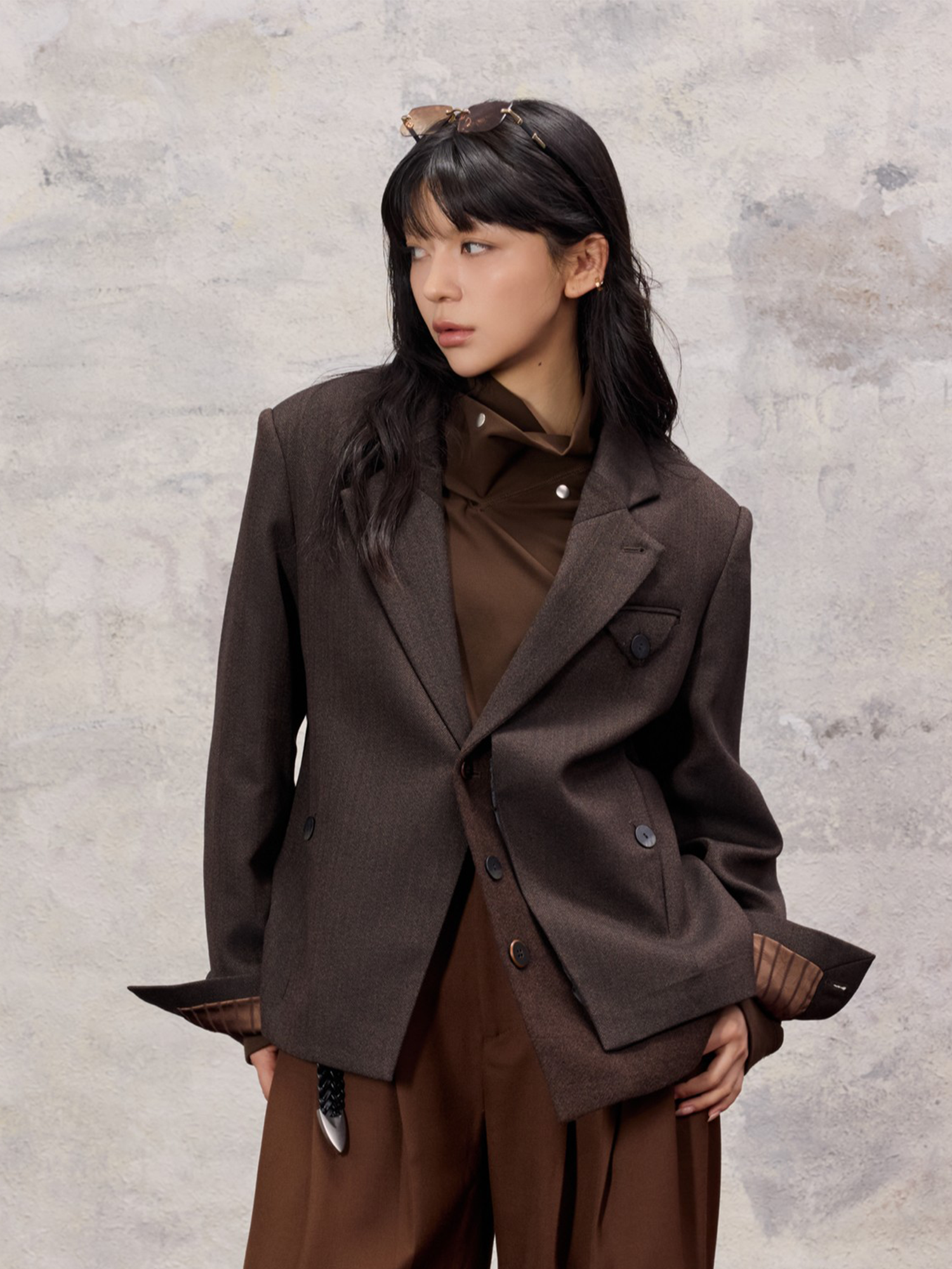 ALVNG AR ANTS Asym Herringbone Wool-Blend Blazer