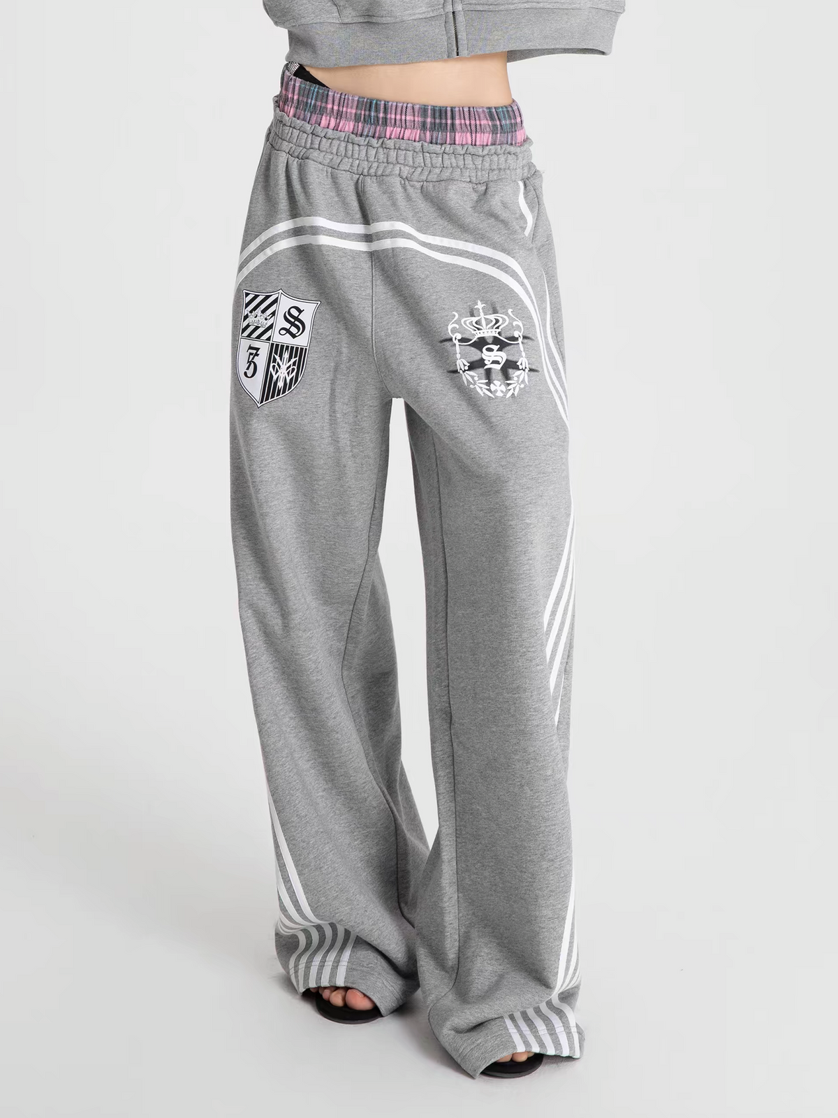 SEXXDEVIL Plaid Double-Waistband Striped Sweatpants